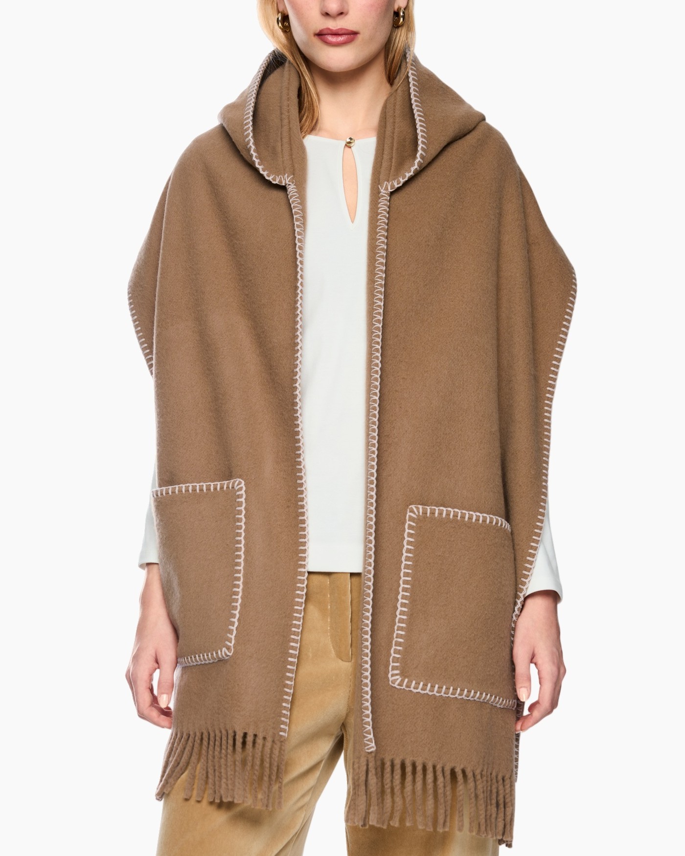 poncho, sjaal, franje, zakken, camel