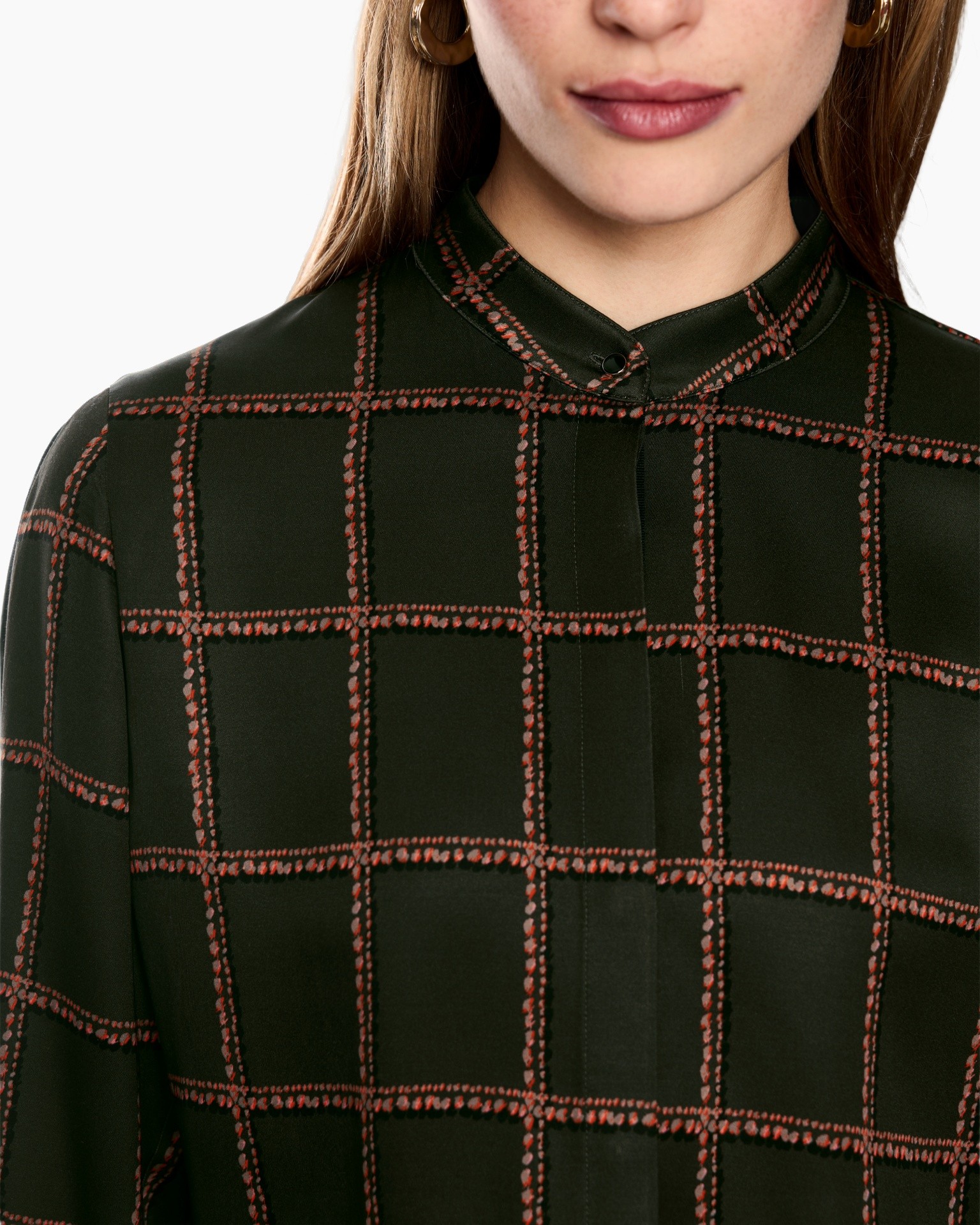 blouse, patroon grid, donkergroen, knoop halssluiting, lange mouwen