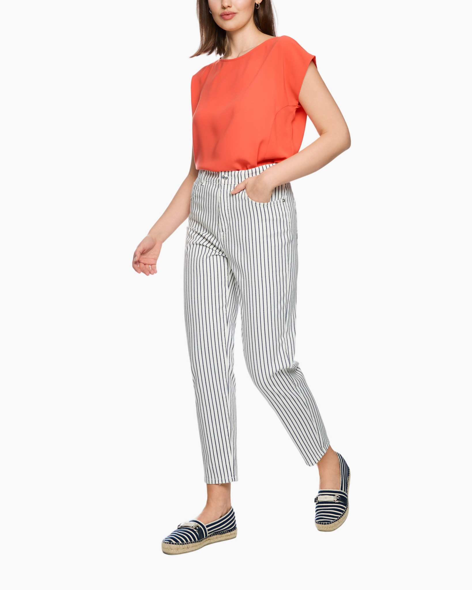 top, oranje, mouwloos, blouse, broek, gestreept, kledingstuk, casual, schoenen, espadrilles