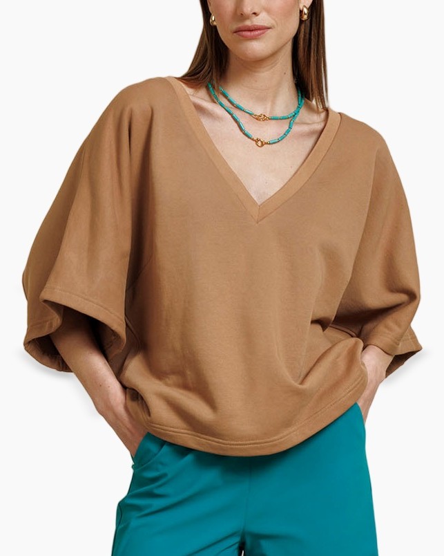 V-hals, Losse pasvorm, Batwing mouwen, Karamel kleur, Top