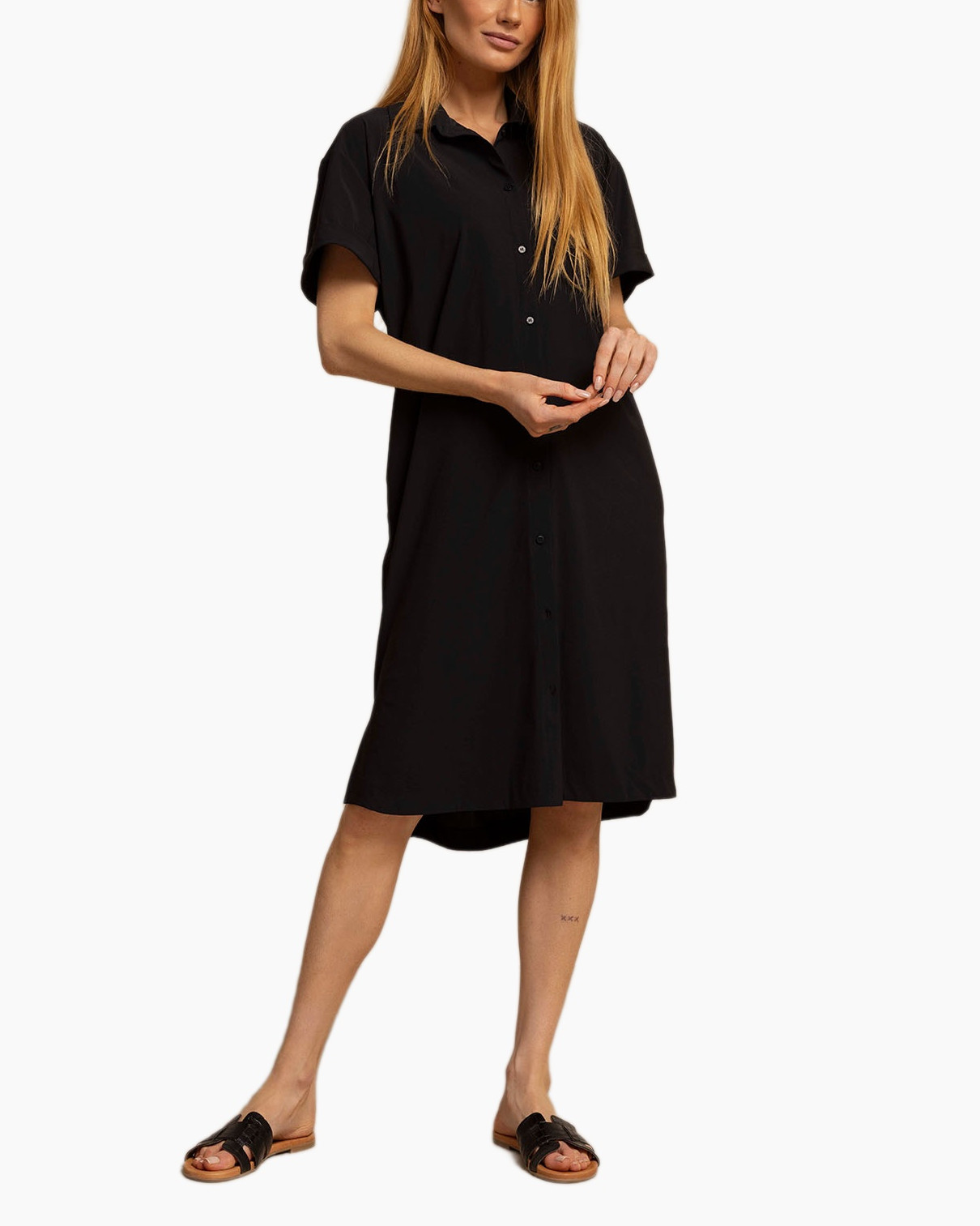 jurk, shirtjurk, zwart, korte mouwen, knielengte