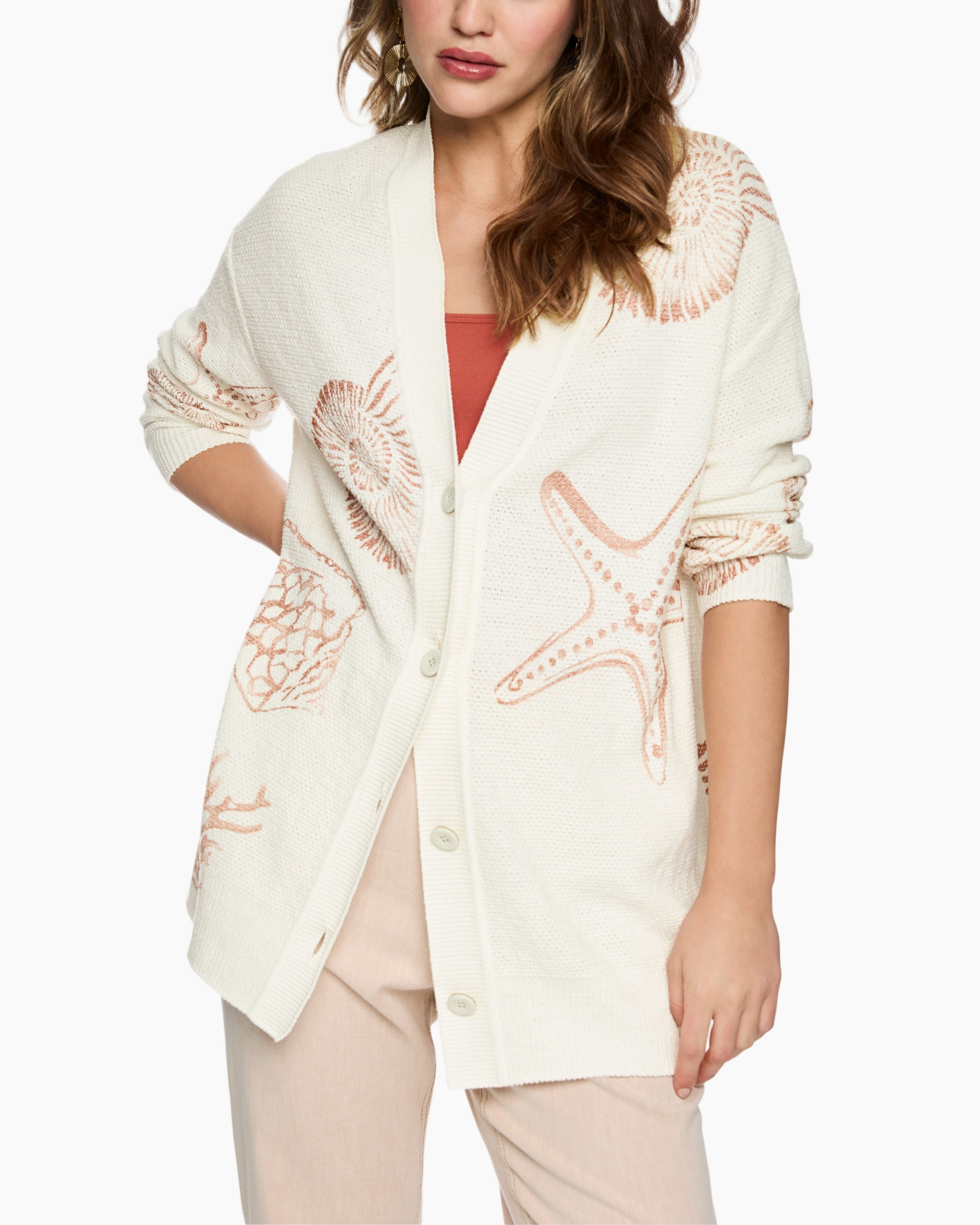 cardigan, open front, cream, knit, shellfish?