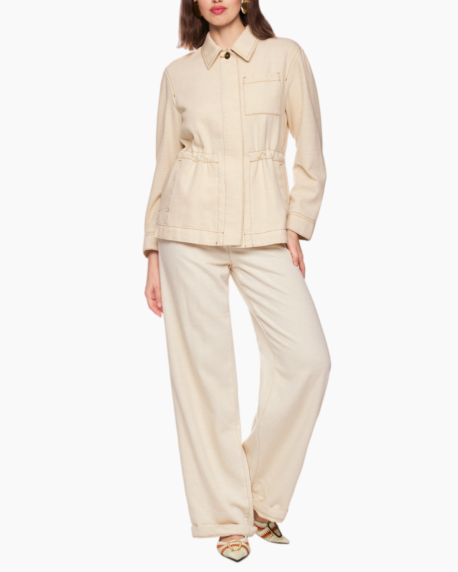 beige, jas, broek, set, zakken