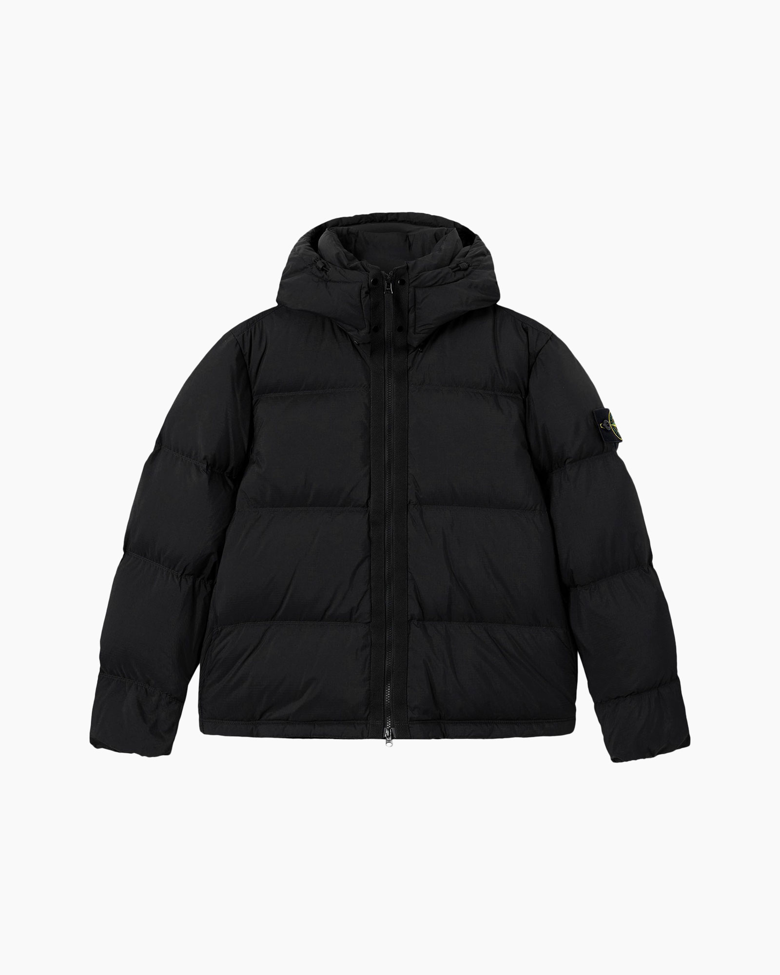 donsjas met puffer, zwart, hoofdkap, rits, lange mouwen