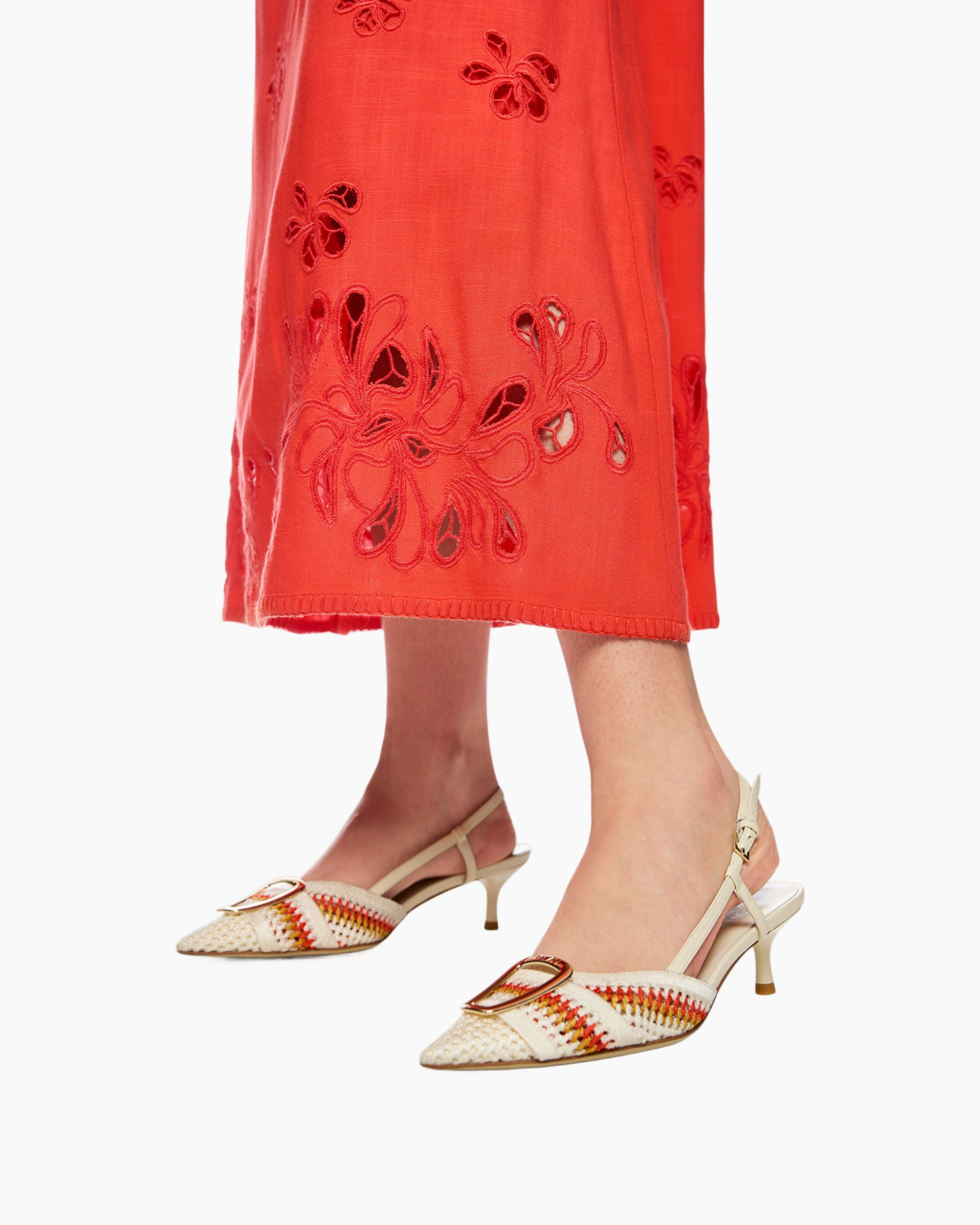 dress, embroidery, orange, mid heel, slam flats