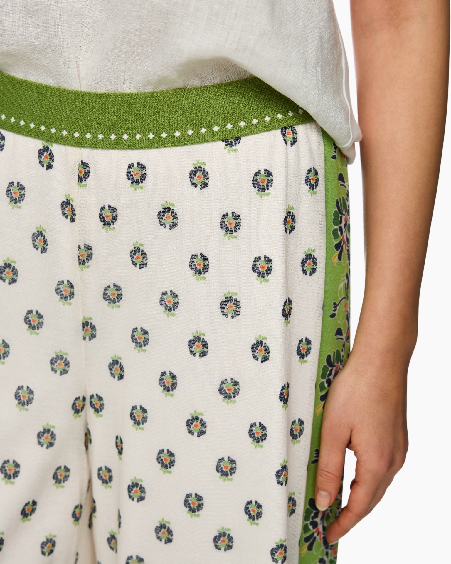 broek, print, groen, elastische tailleband, zijstreep