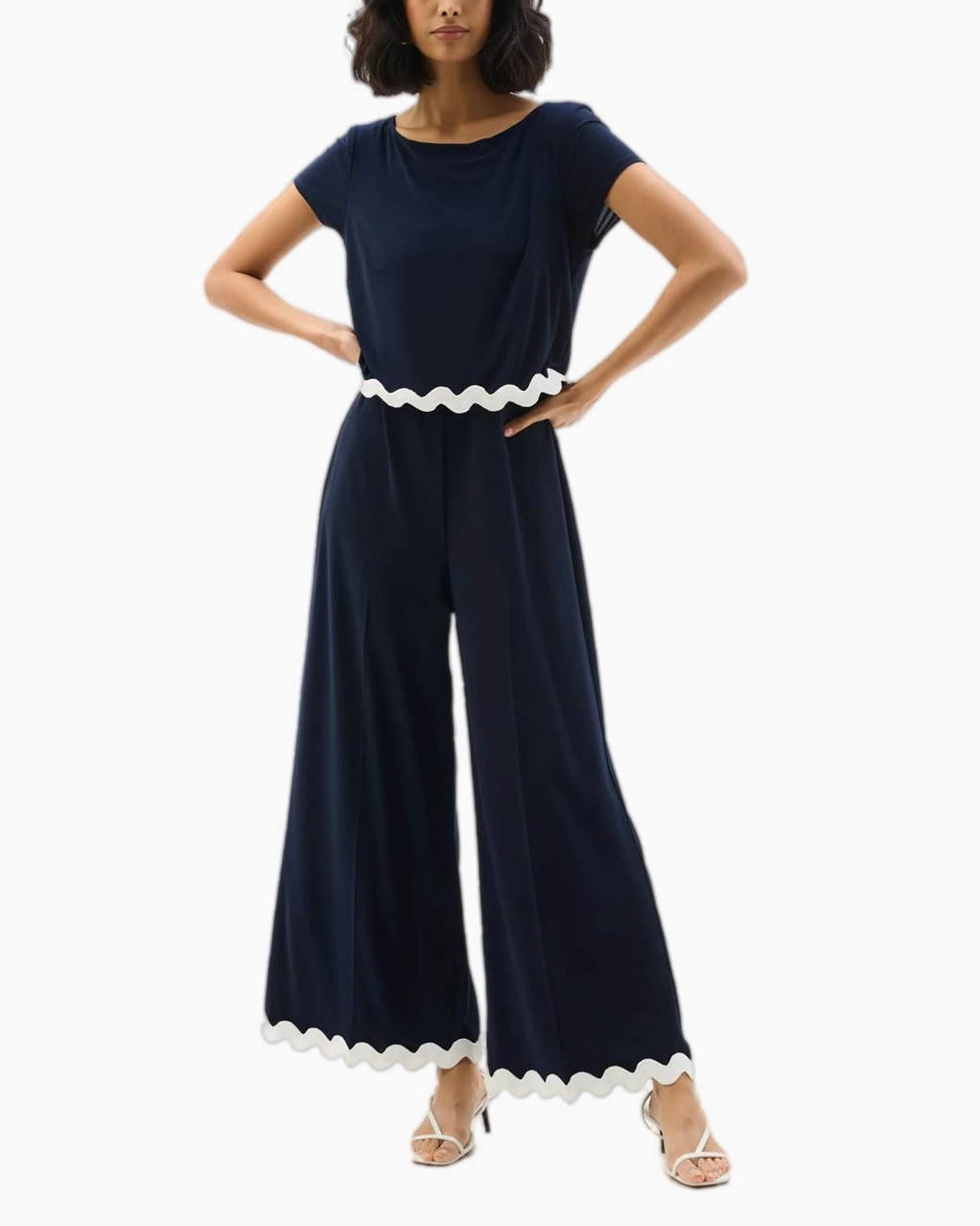 jumpsuit, wide-leg, navy, white-trim, ruffled-edge