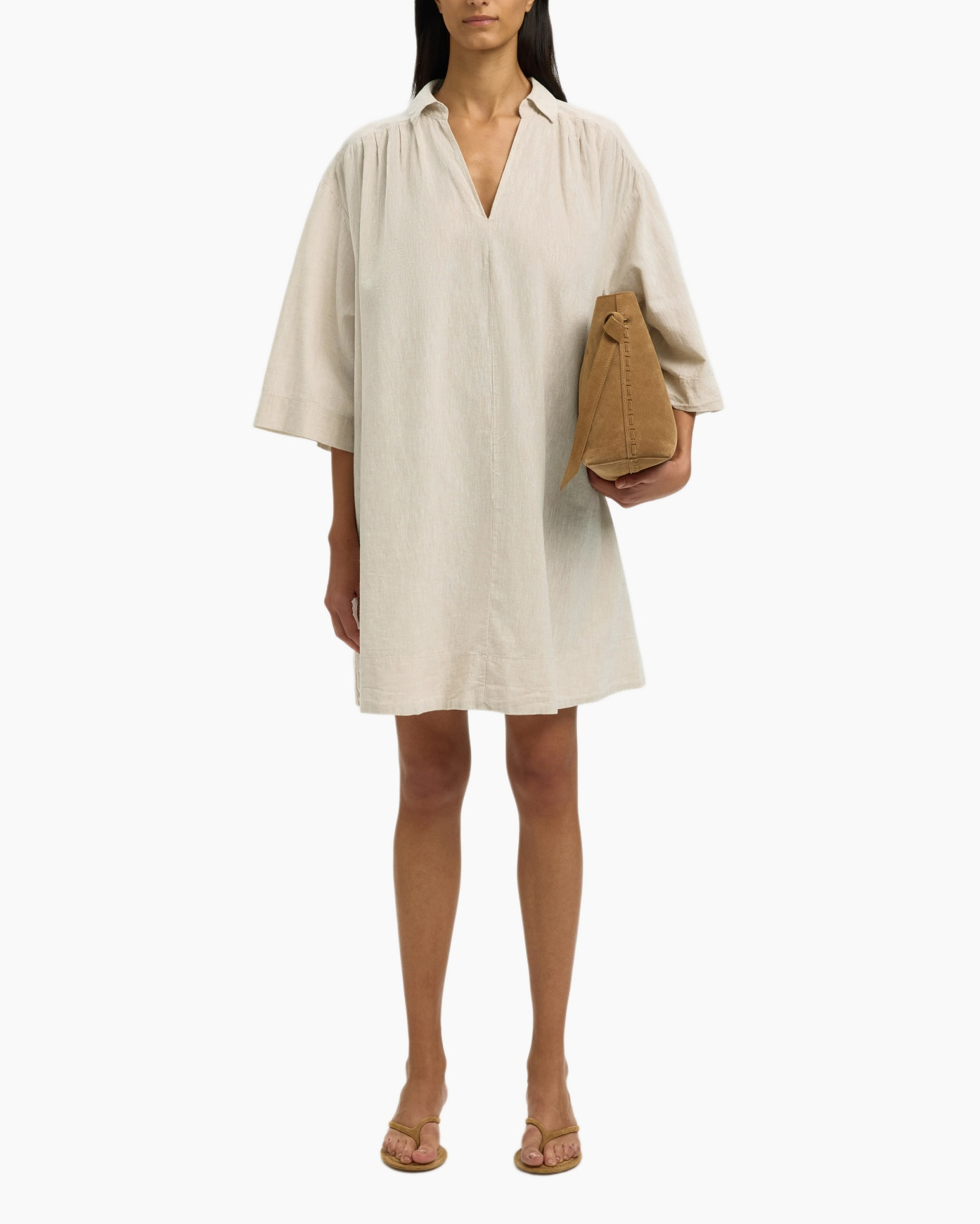 linnen, shiftjurk, beige, knee-lengte, korte mouwen