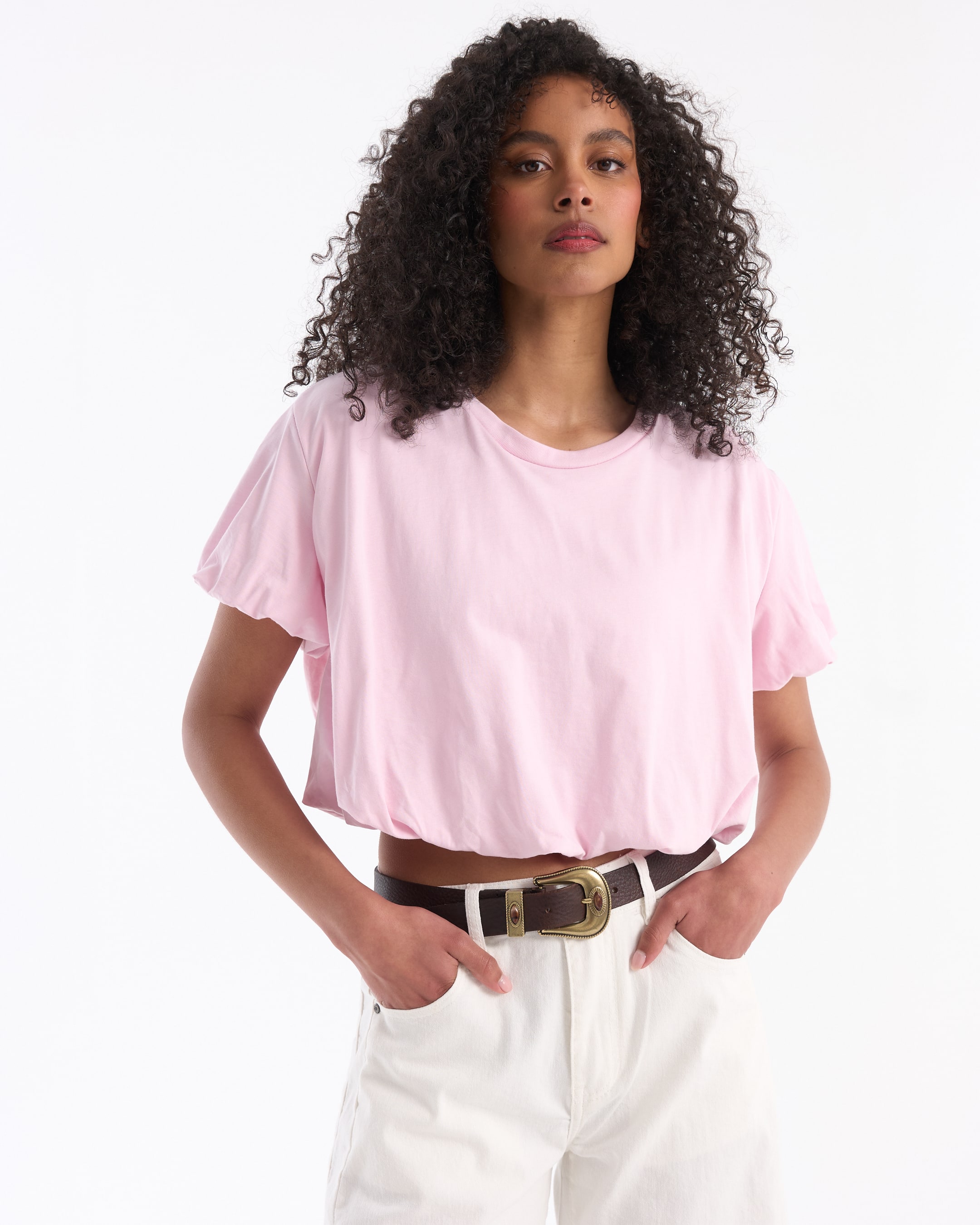 pink t-shirt, short sleeves, tunic tee, light pink, casual top