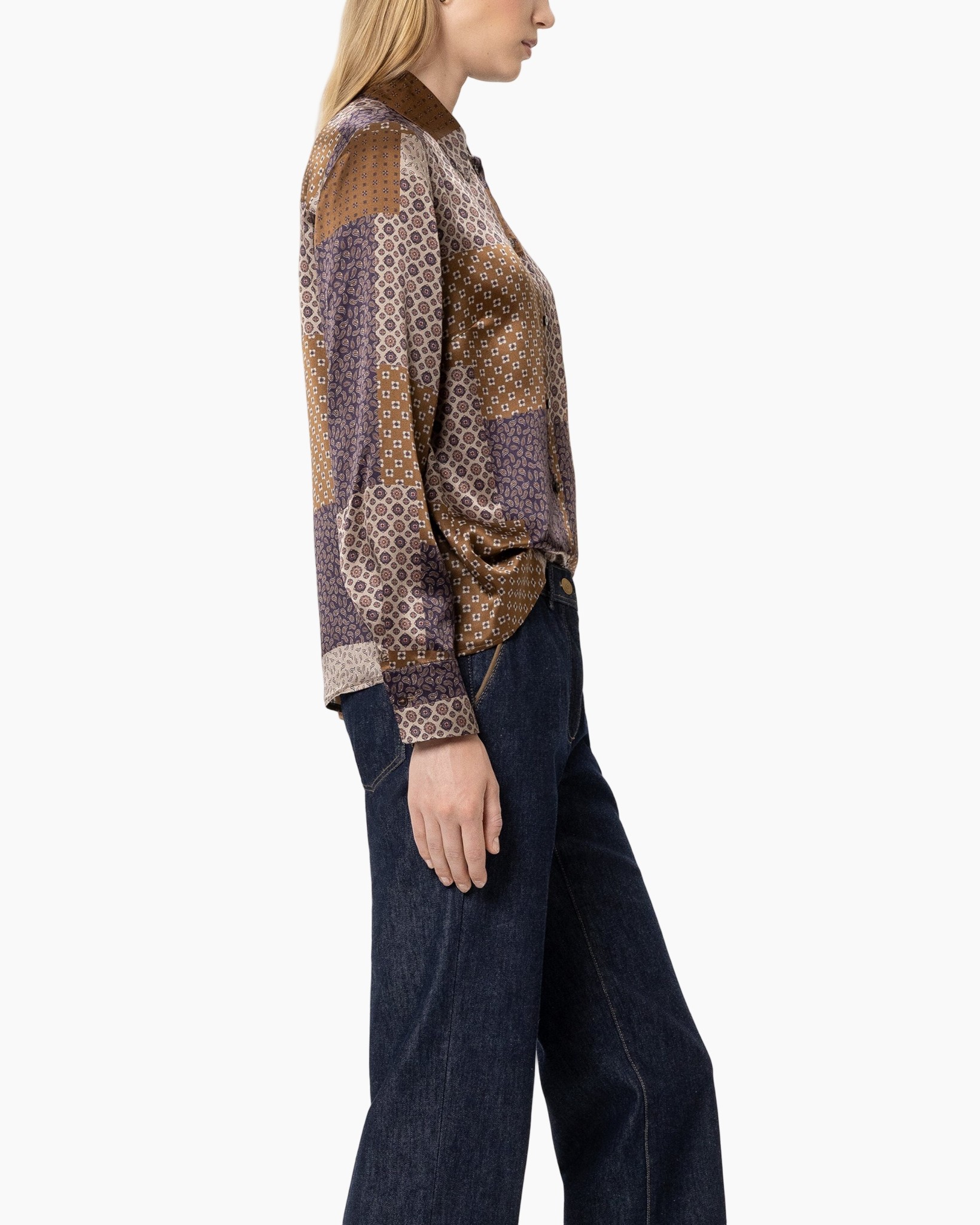 gebreide blouse, patchwork, lange mouwen, kraag, bruinpaars