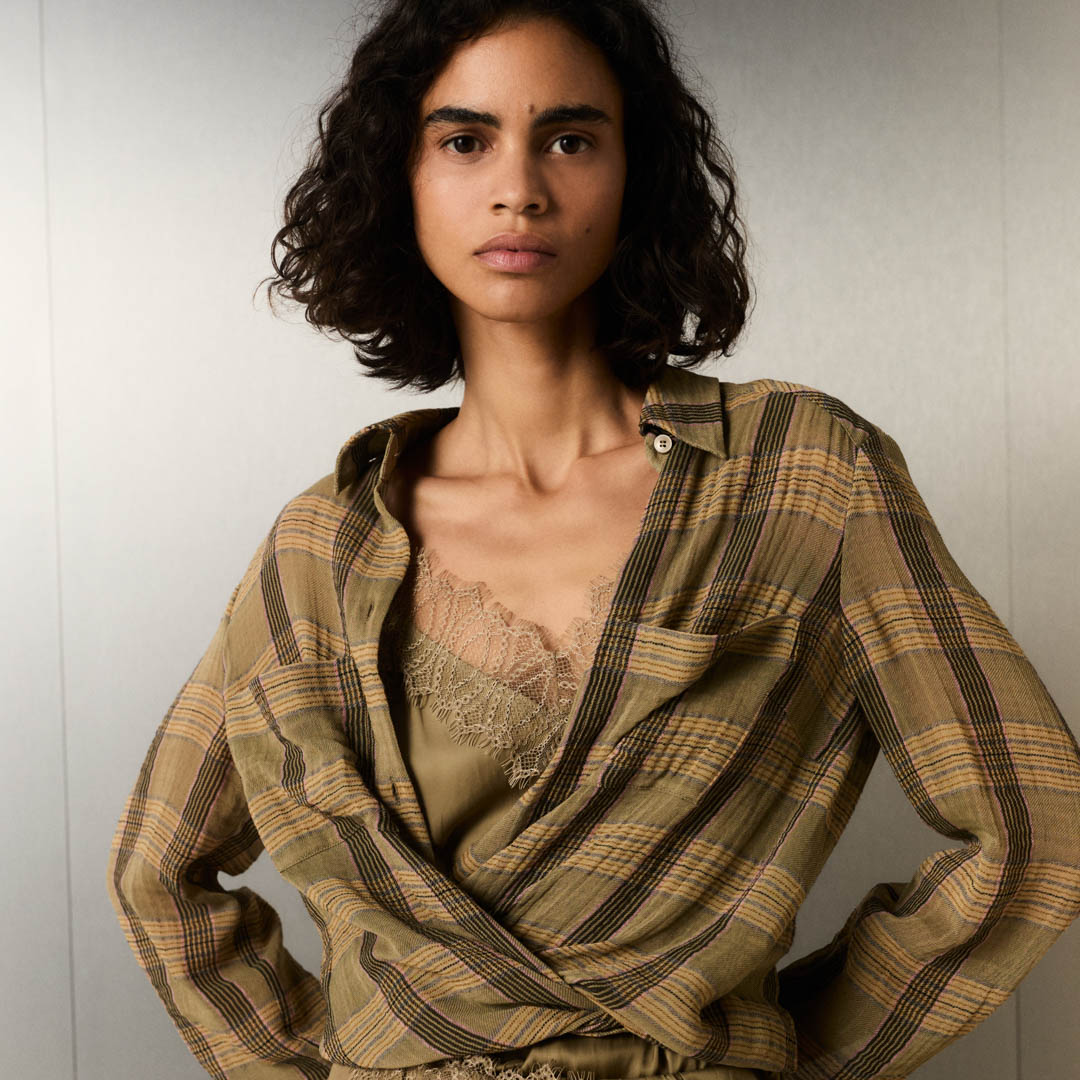 - Plaid, - Overhemd, - Blouse, - Linnen, - Beige