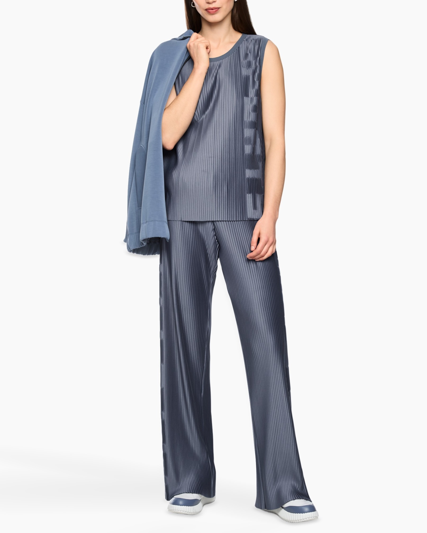 pyjama set, zachte top, wijd uitlopende broek, plooien, blauw