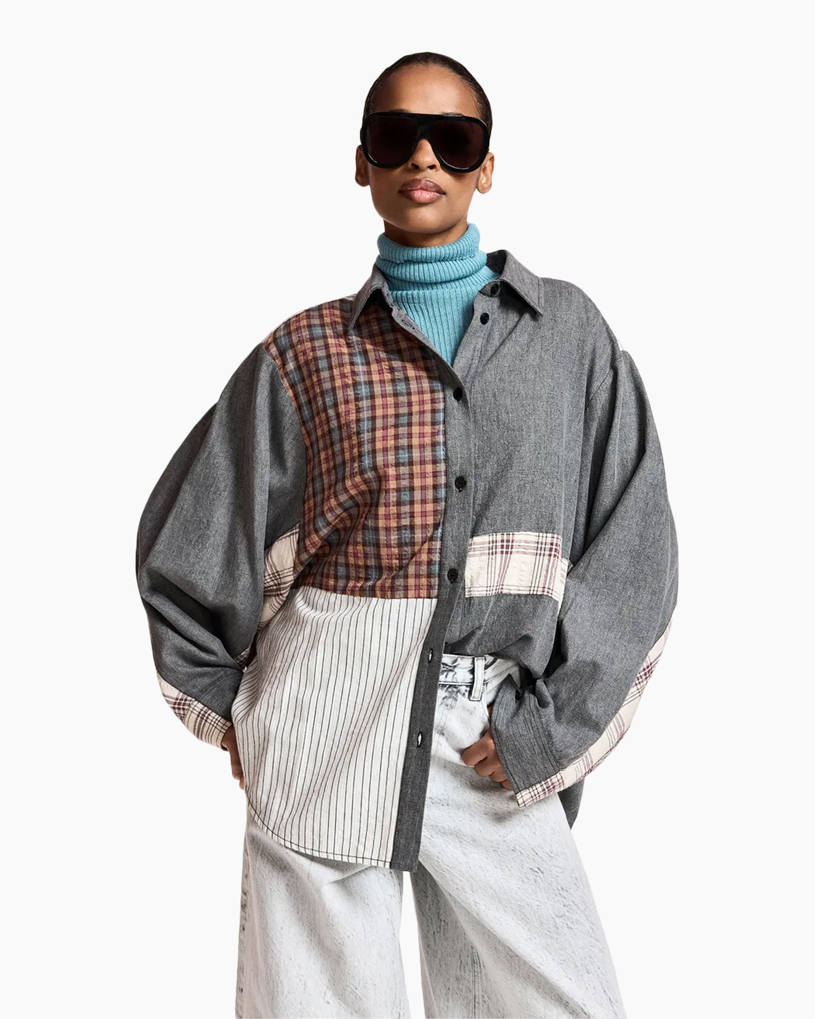 hemd, patchwork, ruitpatroon, denim, oversized