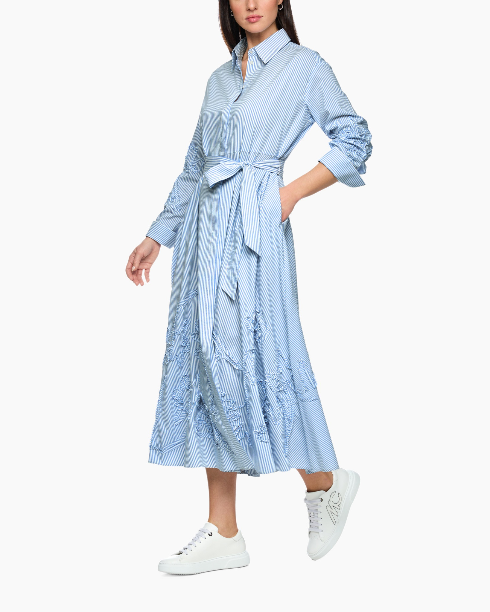 dress, shirt dress, blue stripes, belted, embroidery