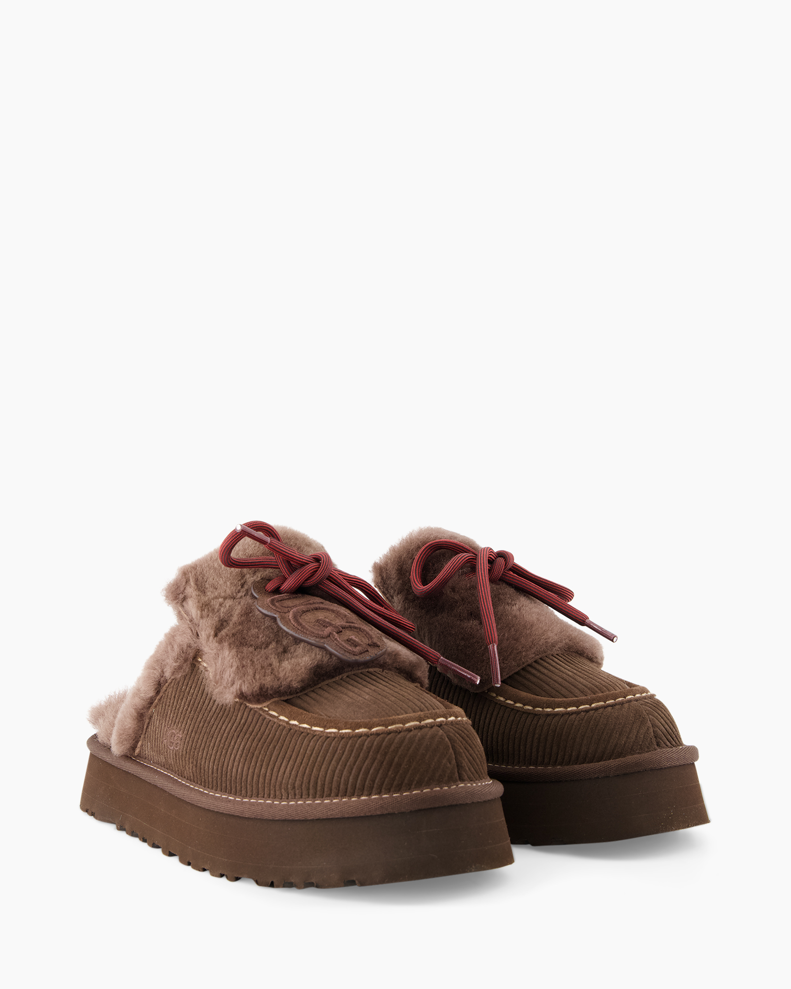 sloffen, mocassin, schapenvacht, bruin, corduroy