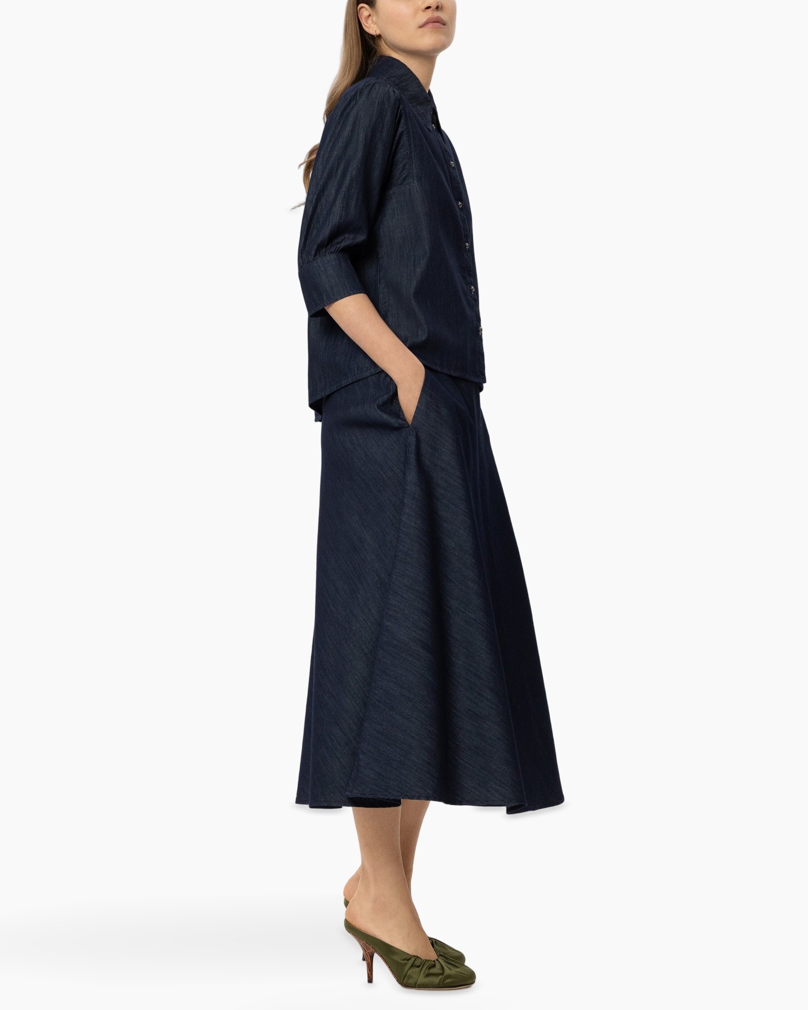 denim, top, wijdwijd, lange rok, driekwart mouwen