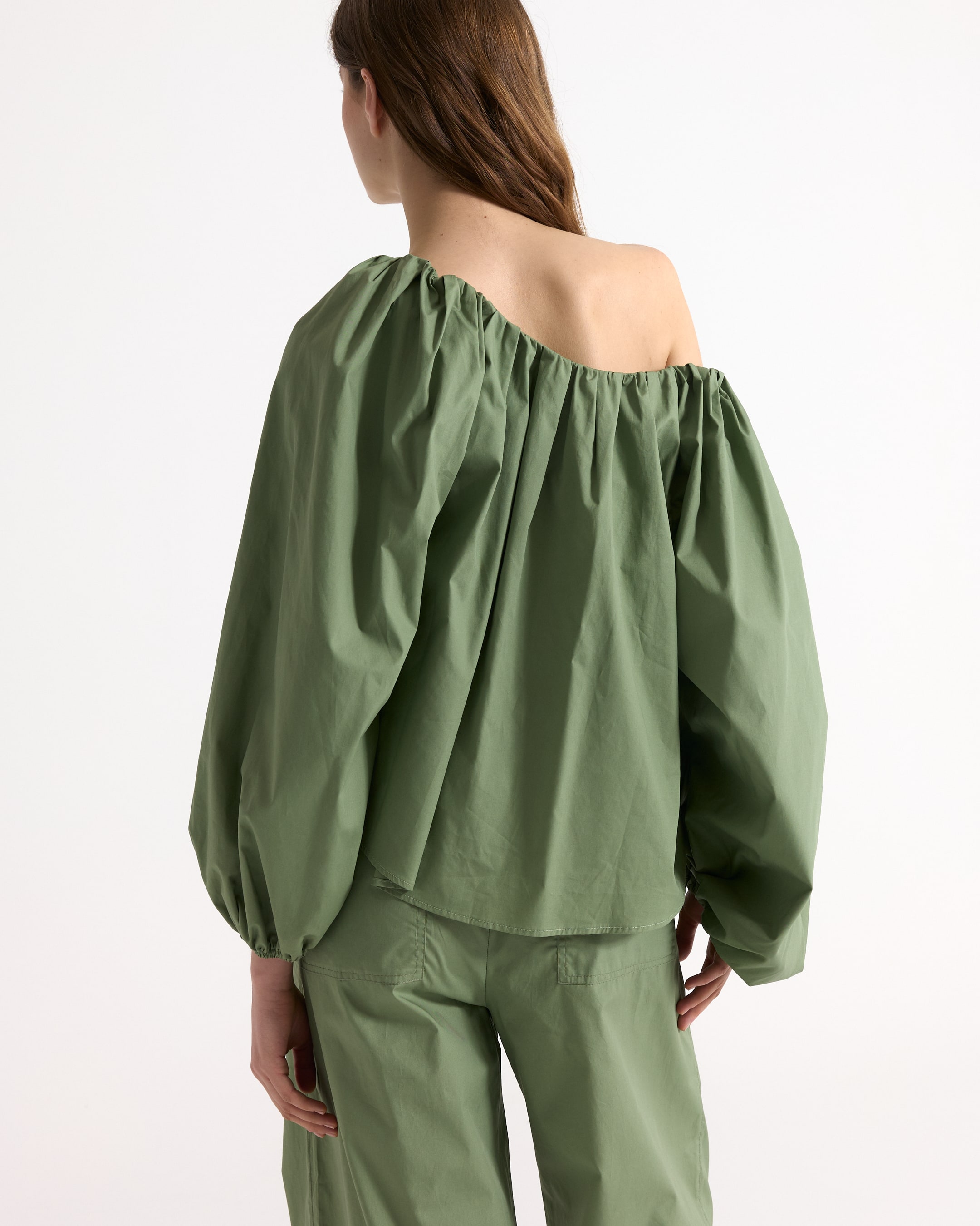 green, off-shoulder, puff-sleeve, top, long-sleeve