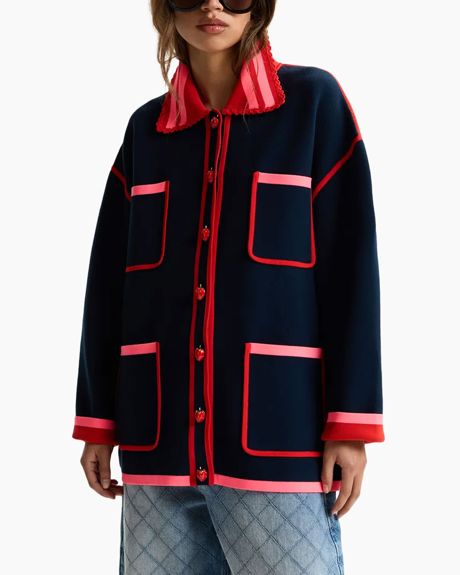 cardigan, navi, roze rand, zakken, langewol