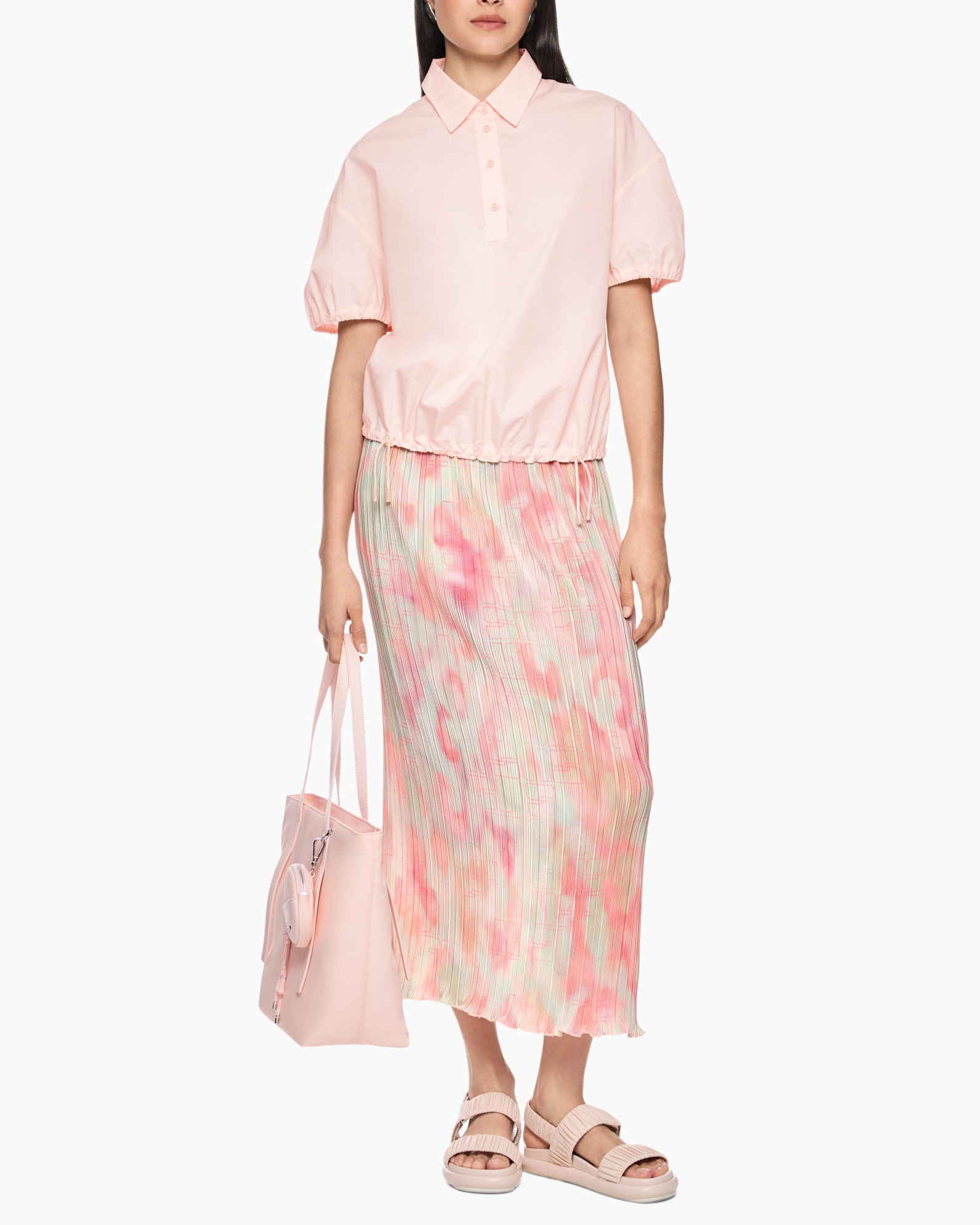 pink top, short sleeves, collared shirt, drawstring hem, pastel skirt