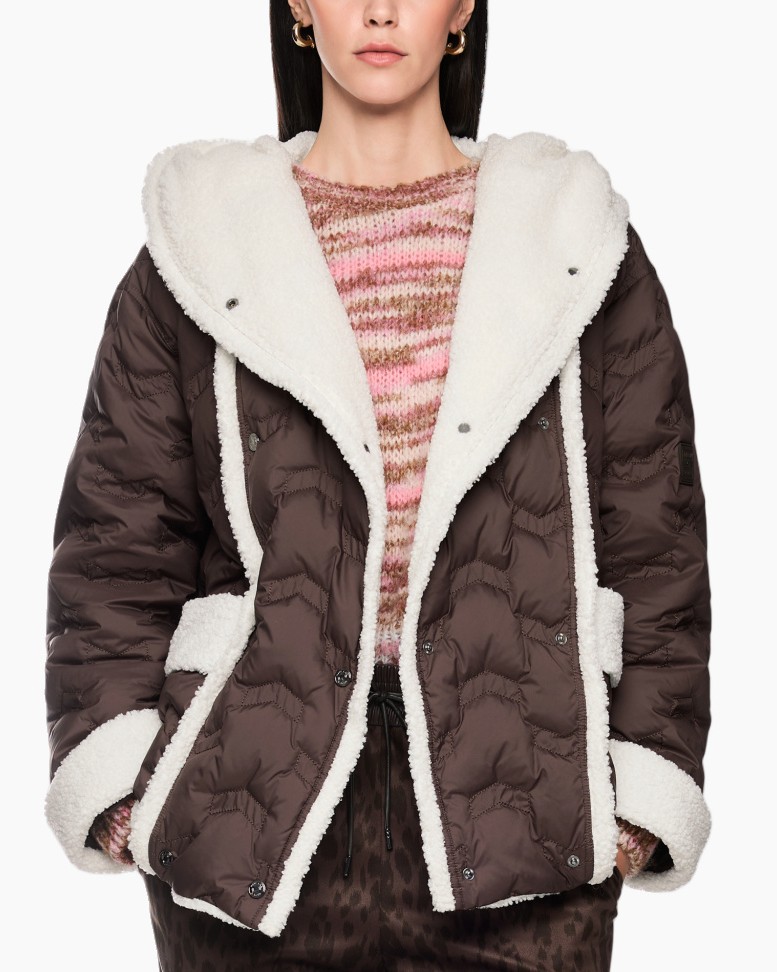 puffer jas, bruin, shearling, warme voering, double-breasted