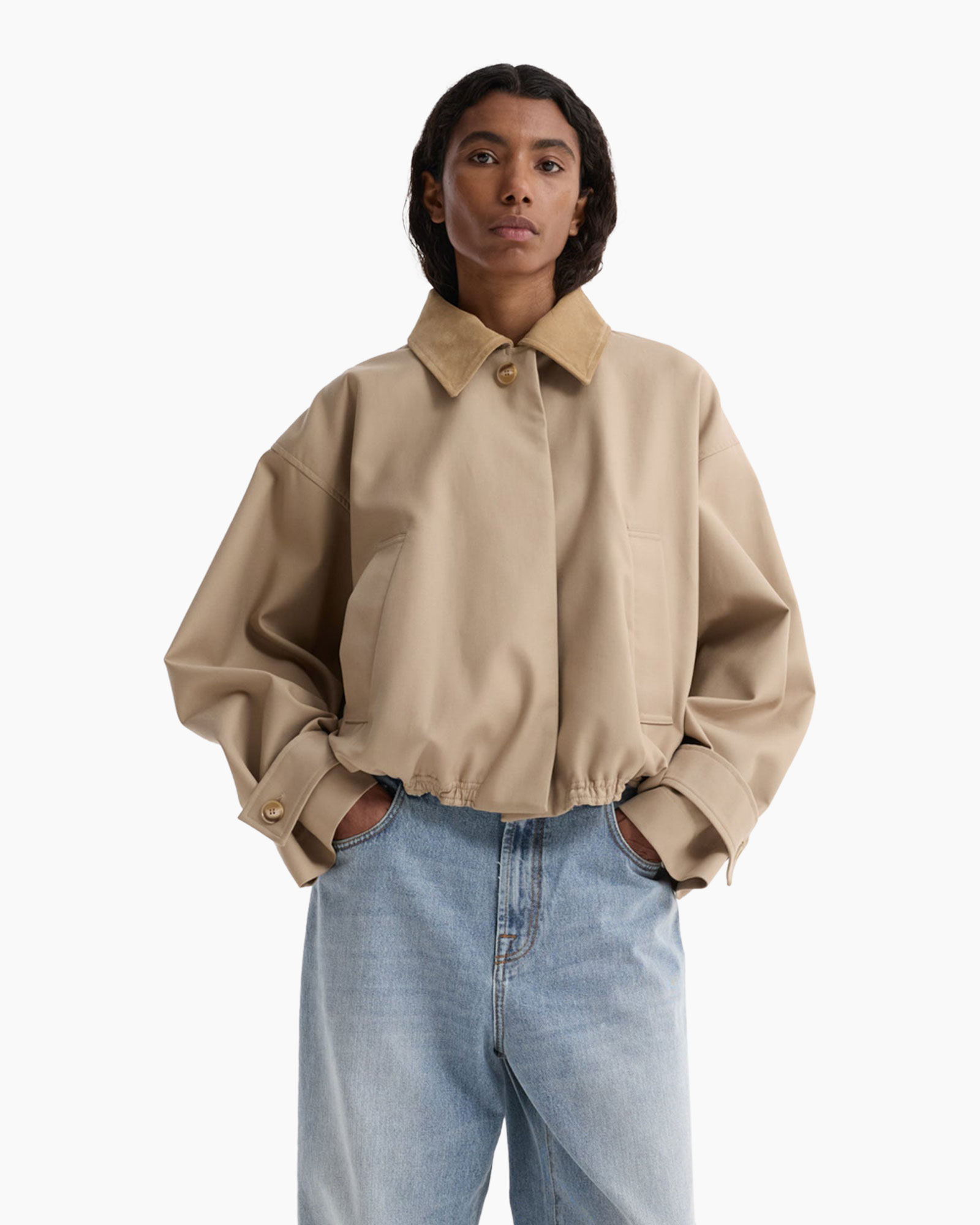 jas, beige, oversized, kraag, zakken