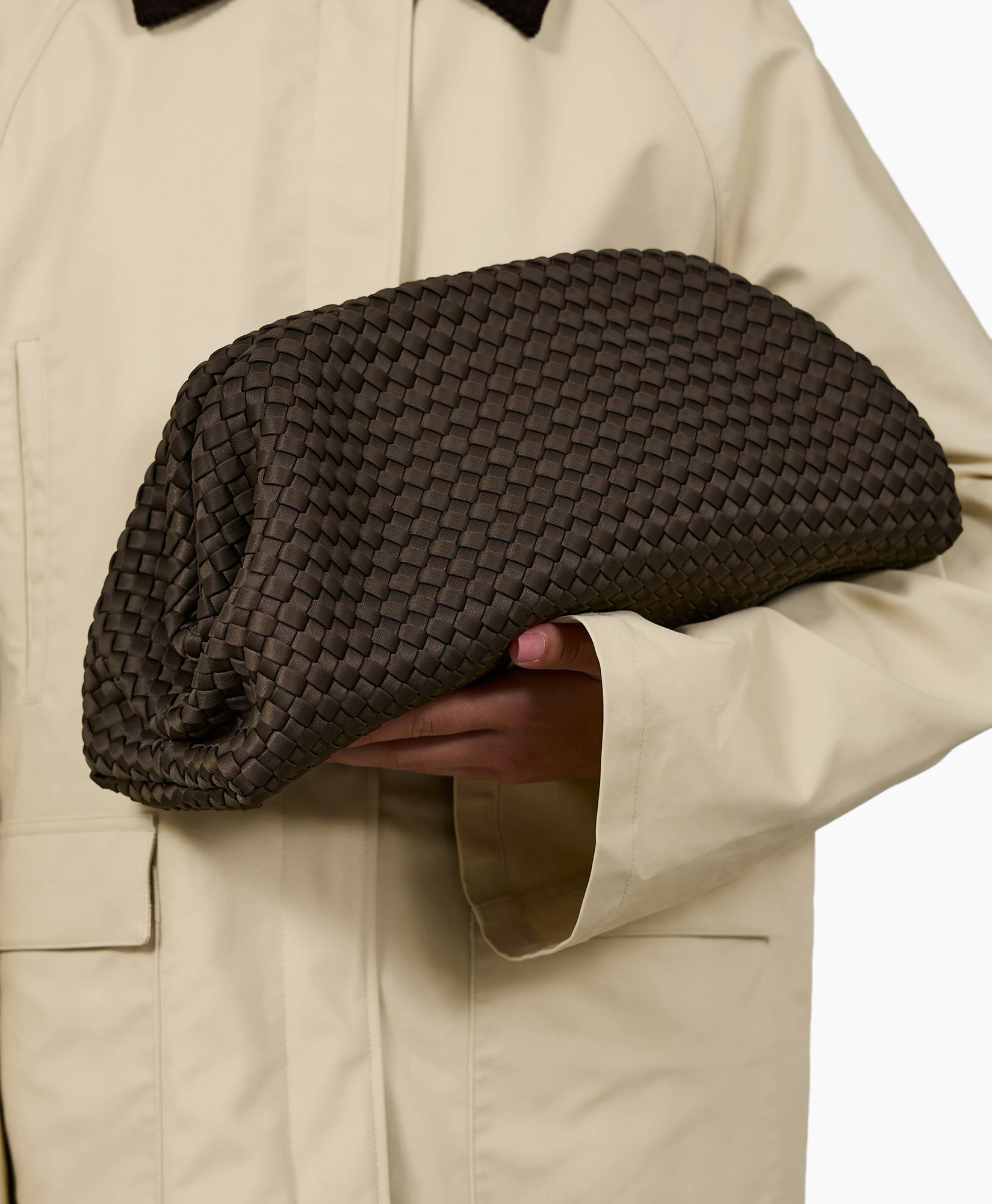 tas, clutch, geweven, bruin, portemonnee