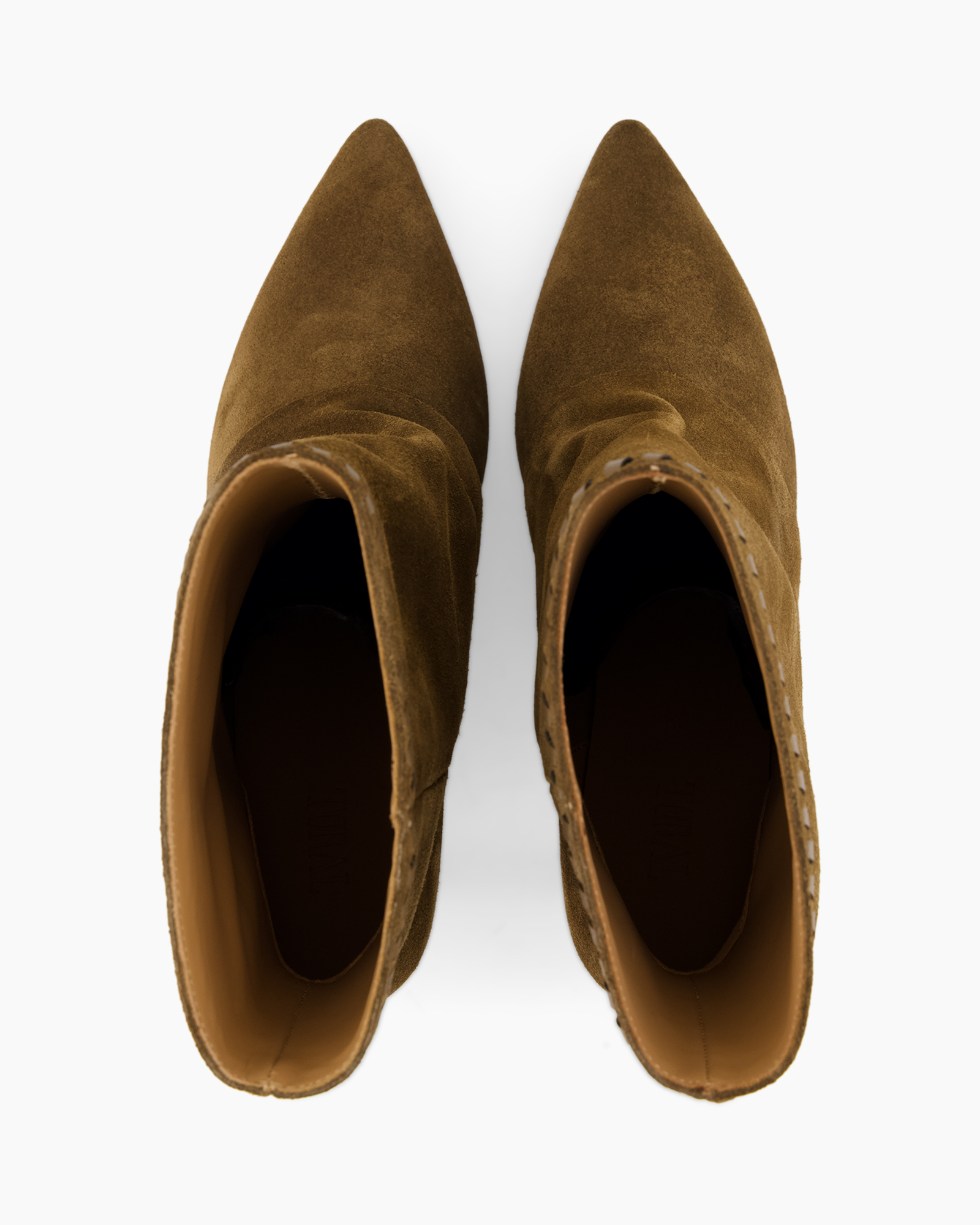 enkellaarzen, suede, bruin, puntige neus, hakloos, leer?, suede materiaal