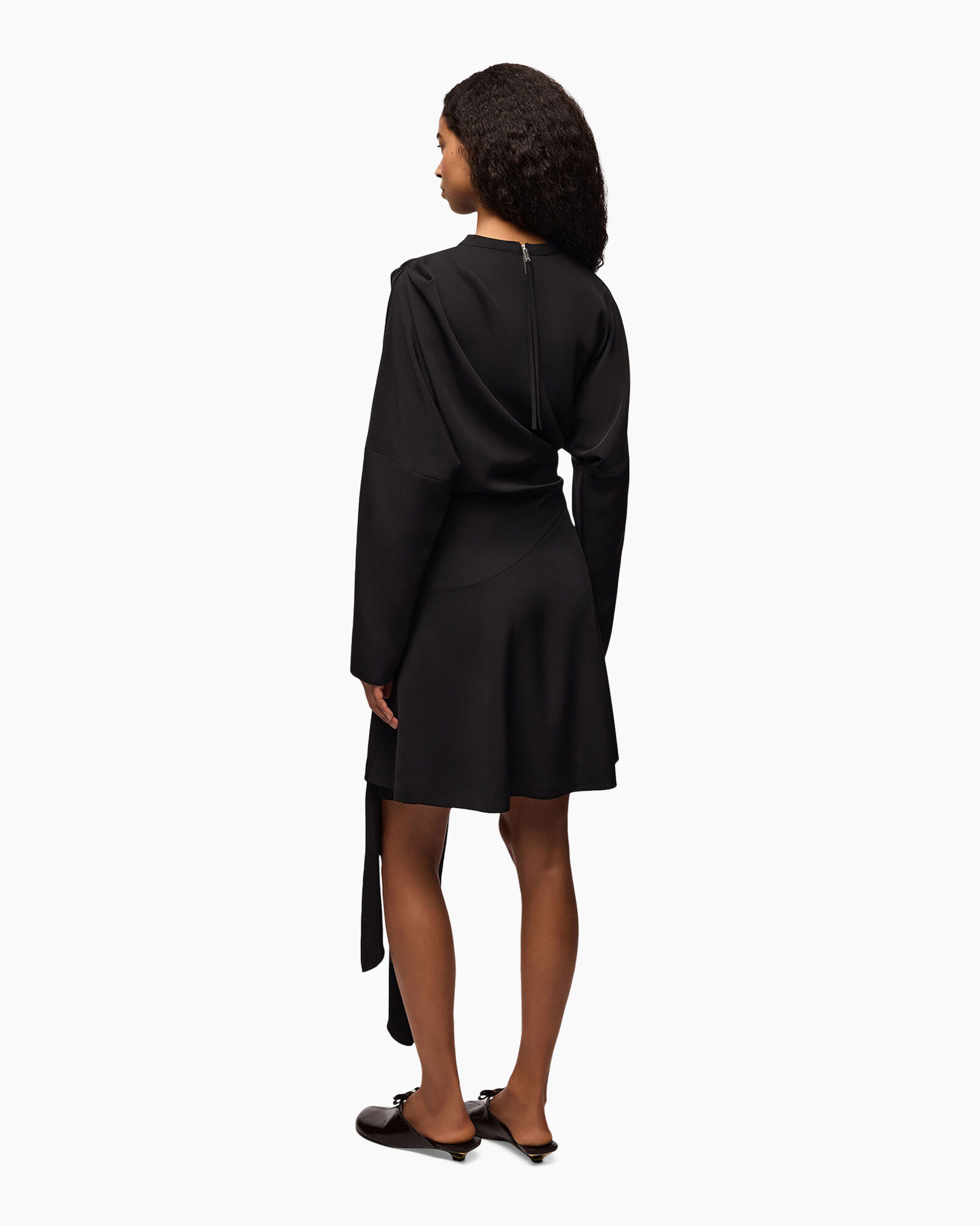 jurk, zwarte jurk, wrap jurk, knie-lengte, lange mouwen