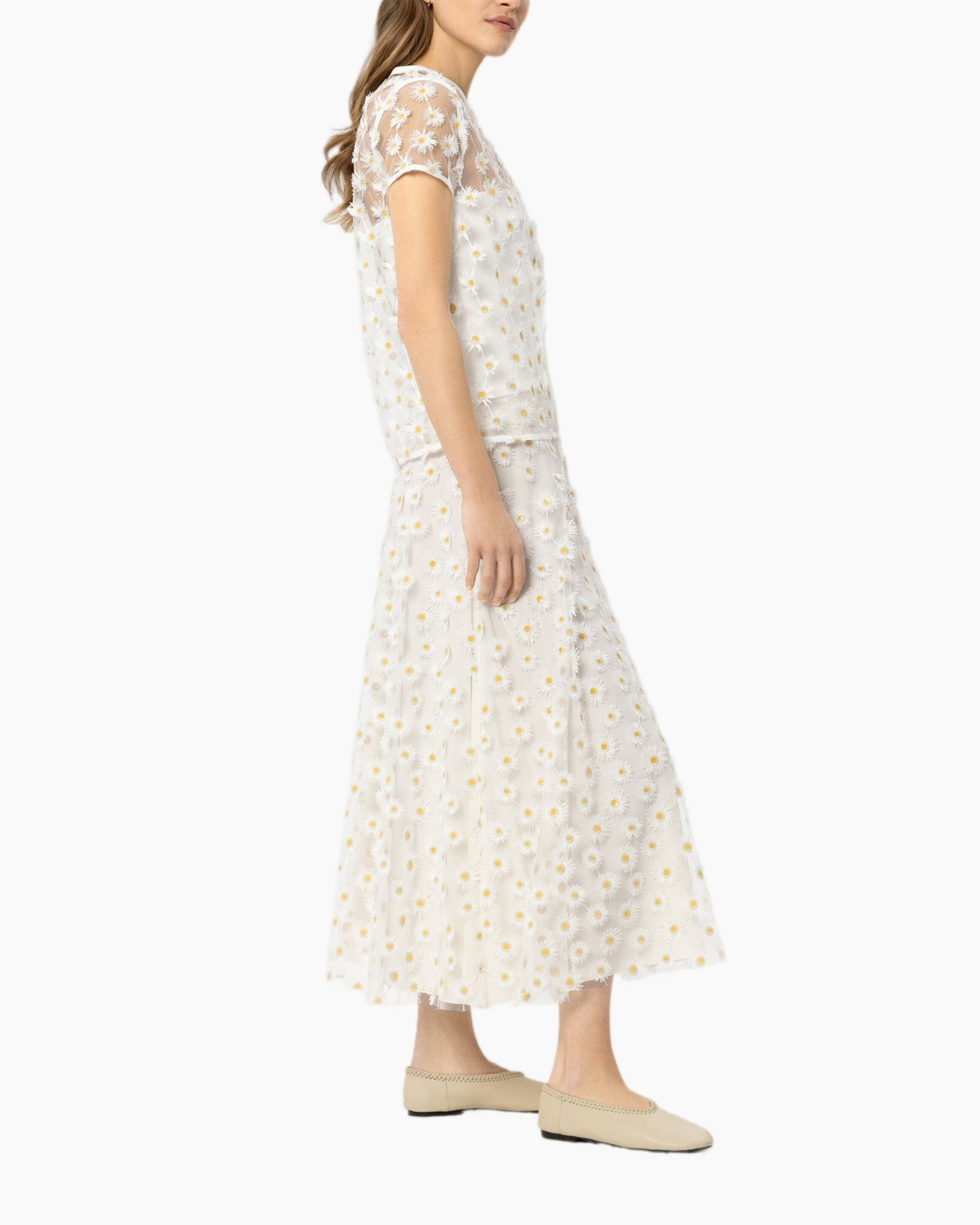 dress, daisy pattern, lace, white, midi length