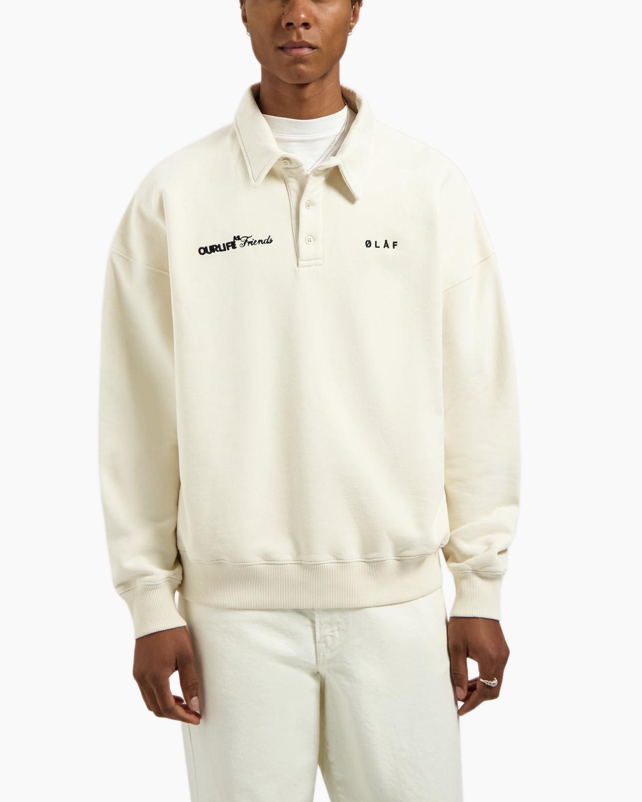 crewneck, polo, long-sleeve, beige, logo-text
