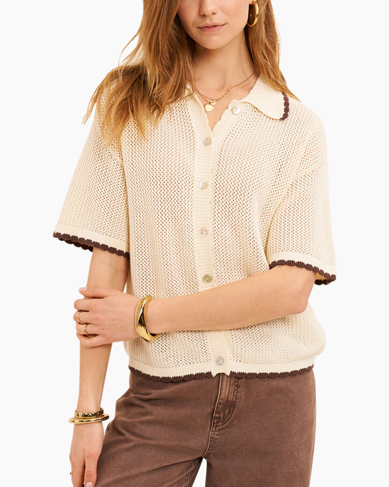 knit cardigan, mesh knit, short sleeves, cream color, brown trim