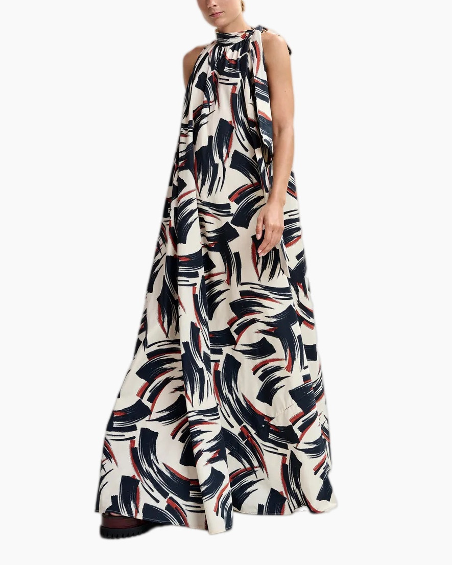 maxi jurk, abstracte print, slimme mouwloze, halternek, enkellengte