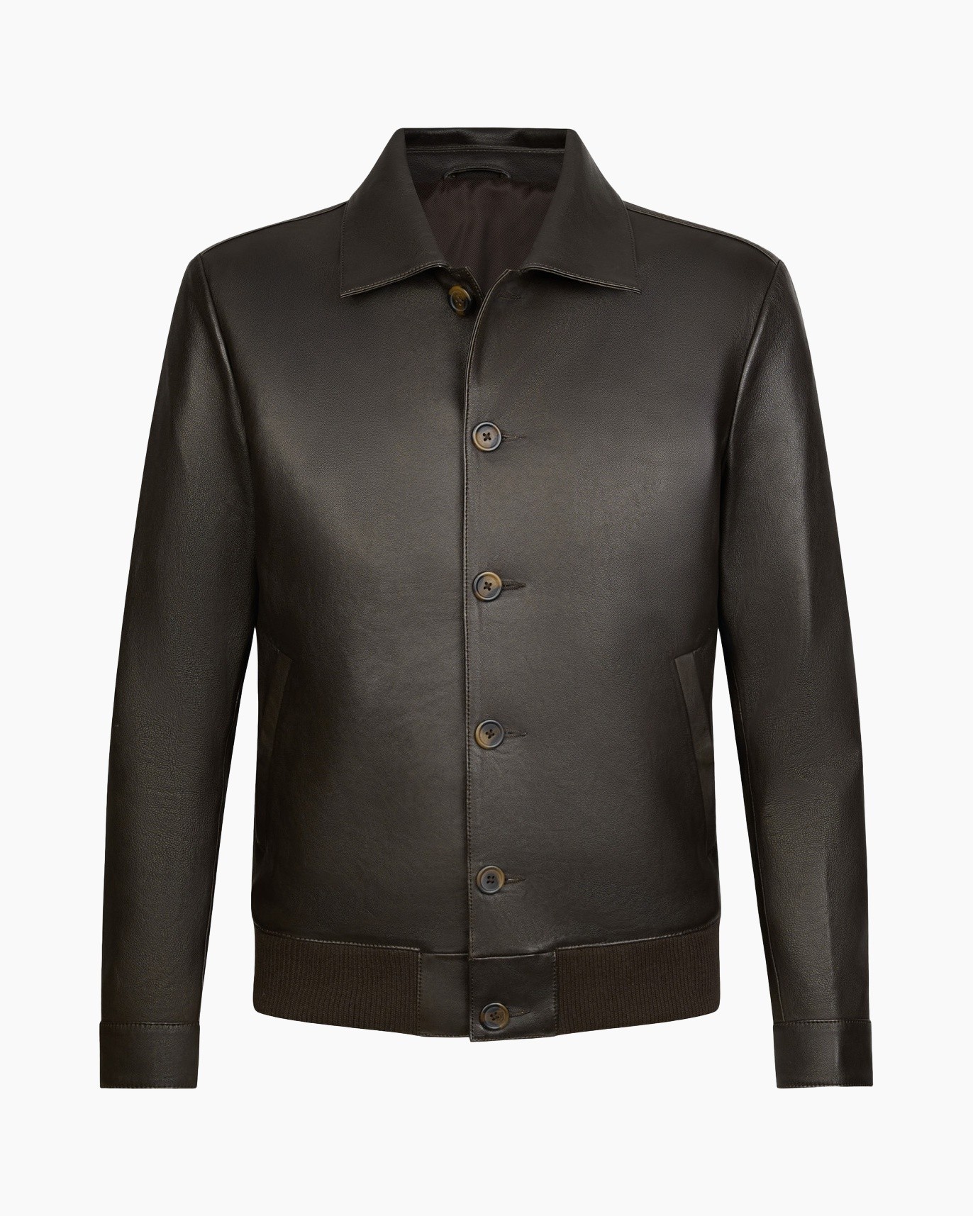 leren jas, bomb jacket, bruin, knopen, kraag