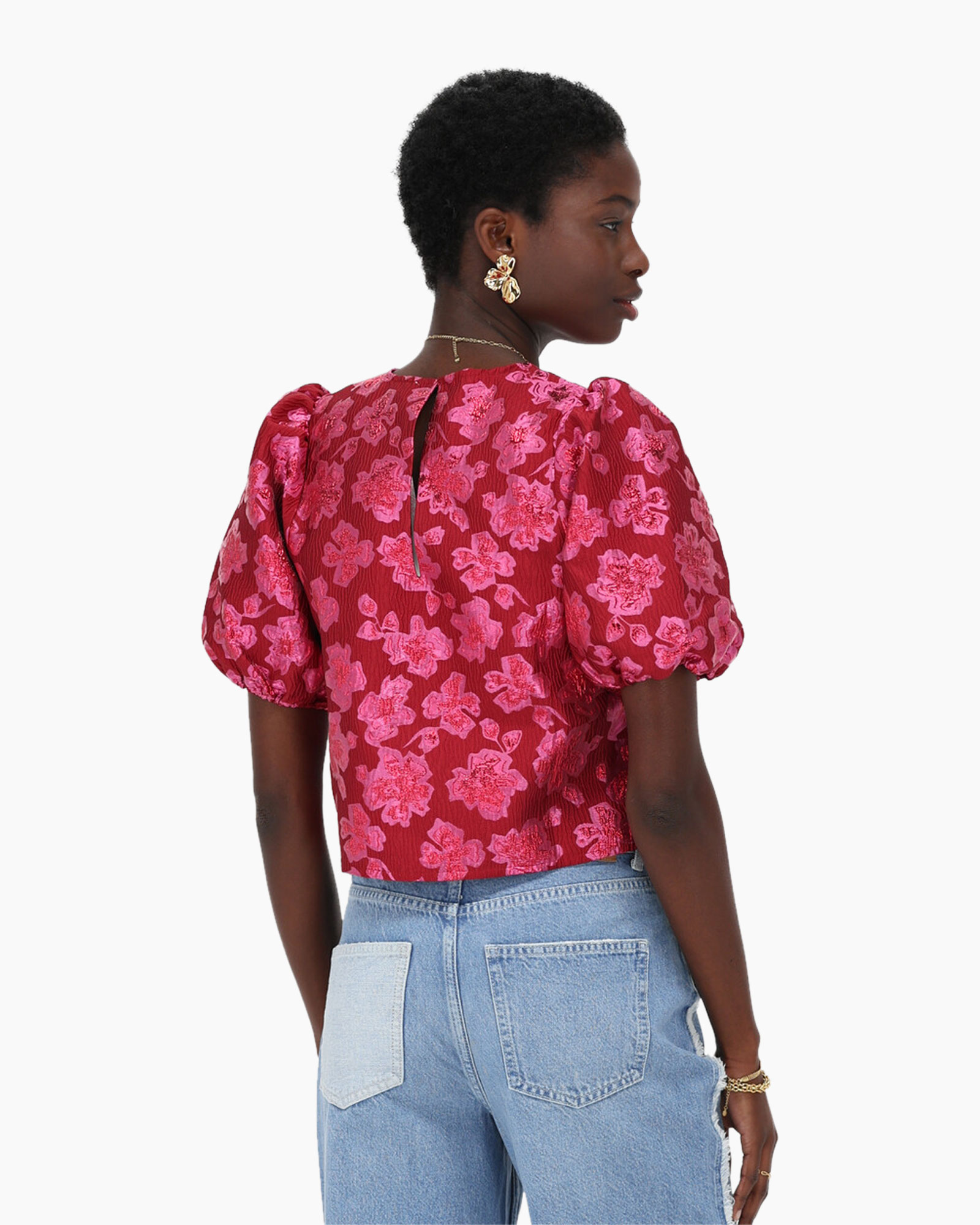 My Jewellery Top Top Flower Jacquard With Puff Sleev Rose
