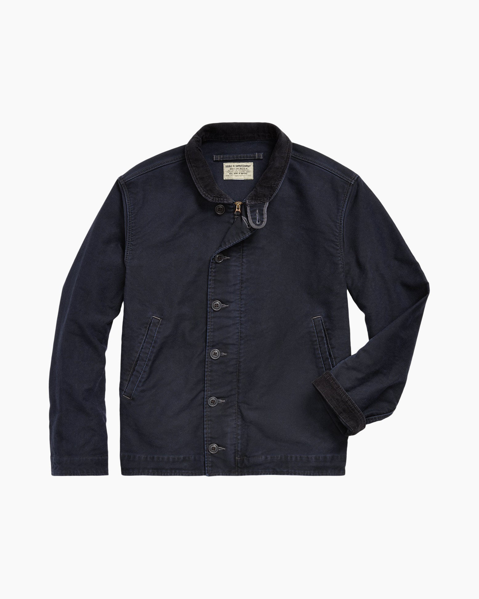 jas, marineblauw, corduroy kraag, knopen voor, zakken