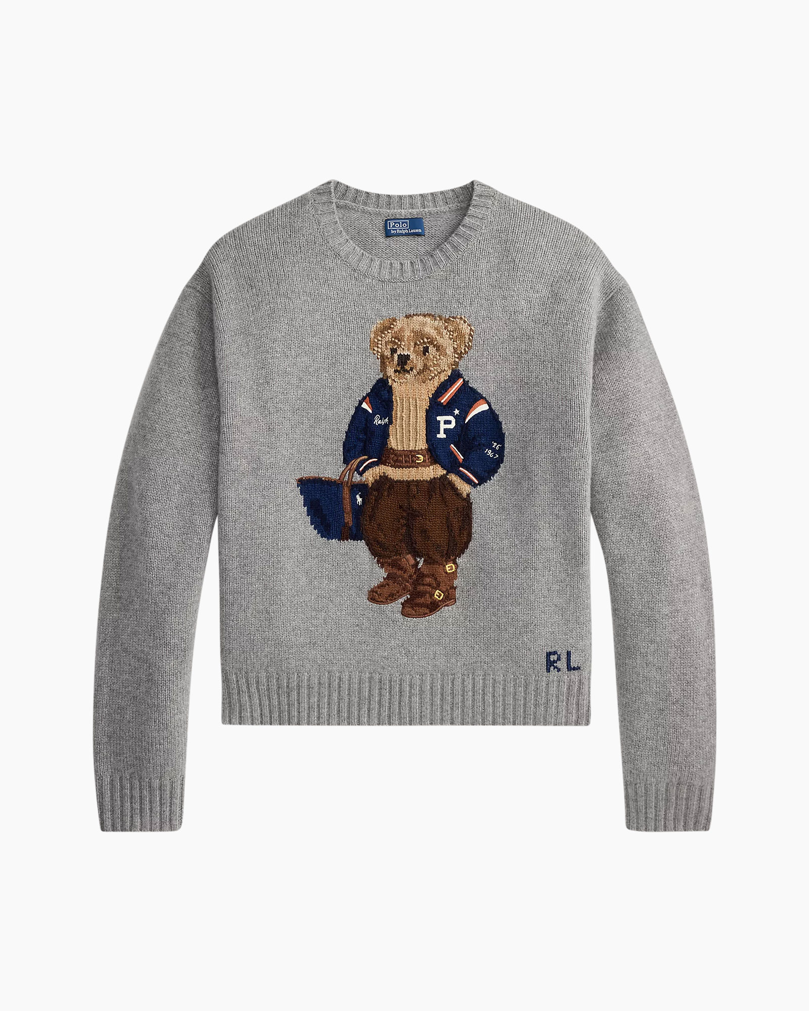 trui brei, teddybeer, grafische print, grijs, pull-over