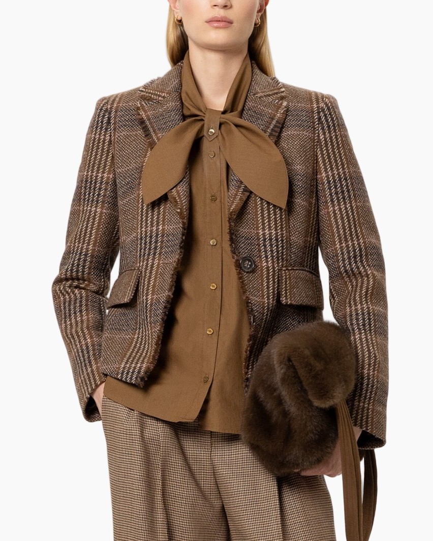 blazer, tweed, bruin, striksluiting, plaid