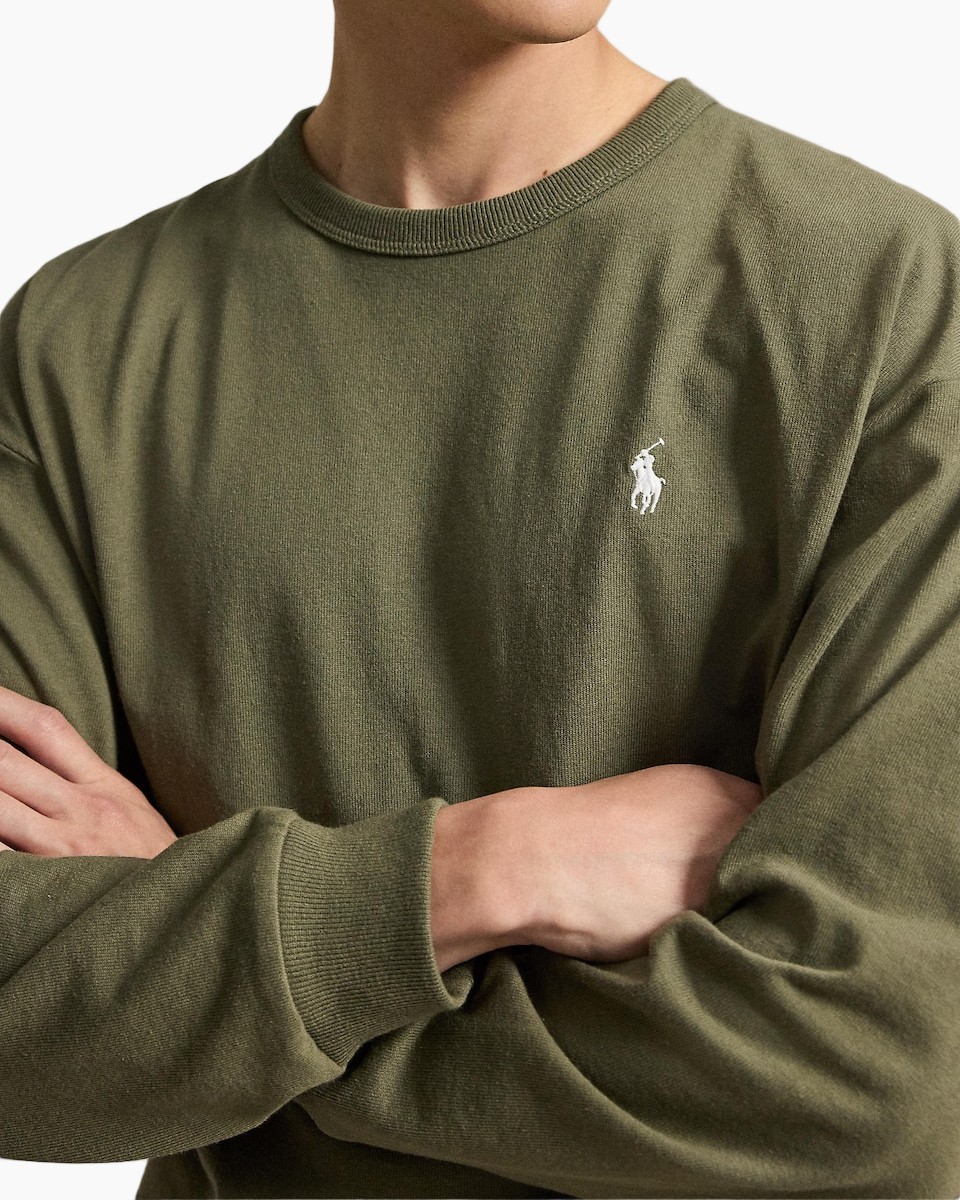 sweatshirt, langermouwen, olijf, breistrui, klein-logo