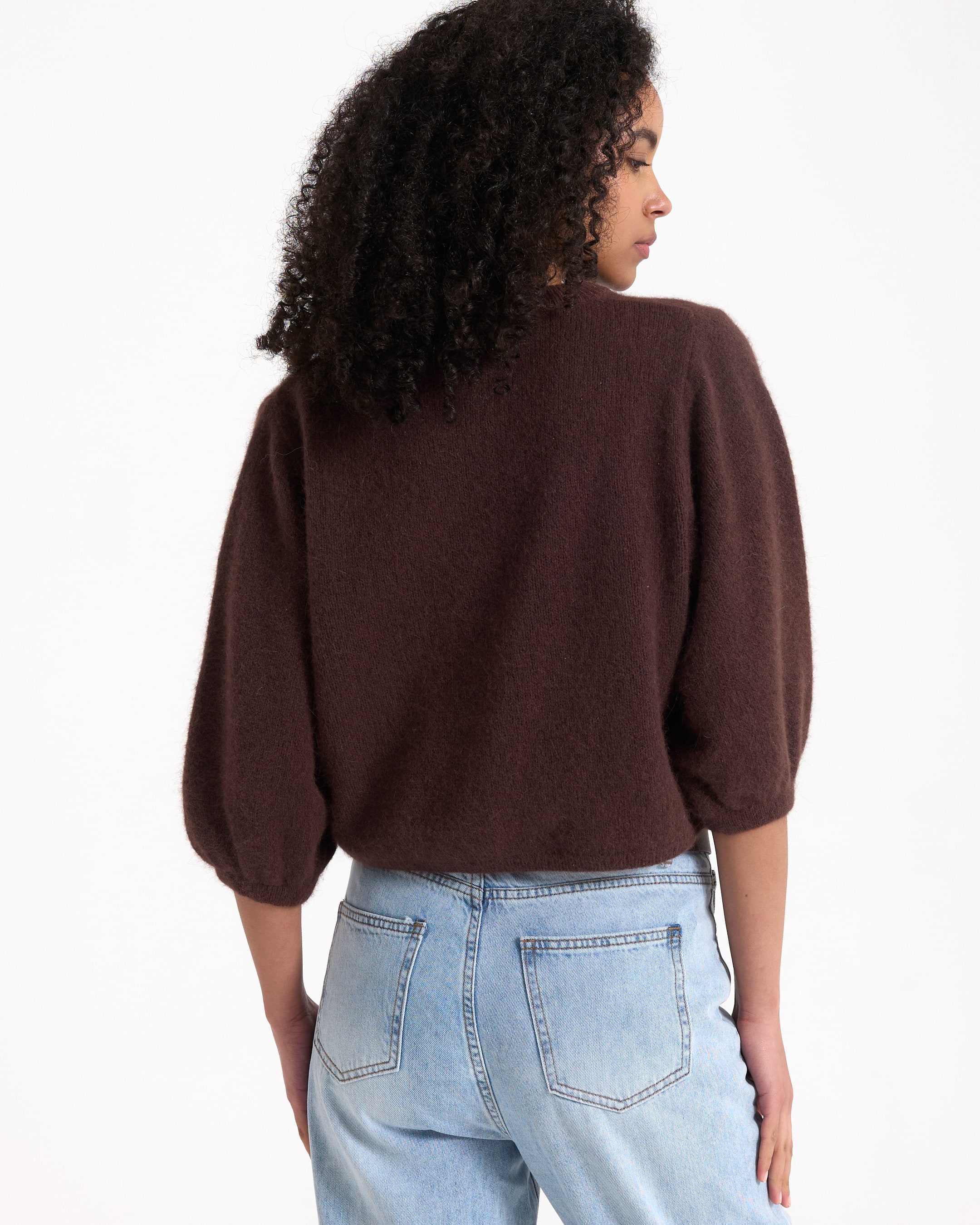 brown sweater, bulky knit, three-quarter sleeves, loose fit, back view