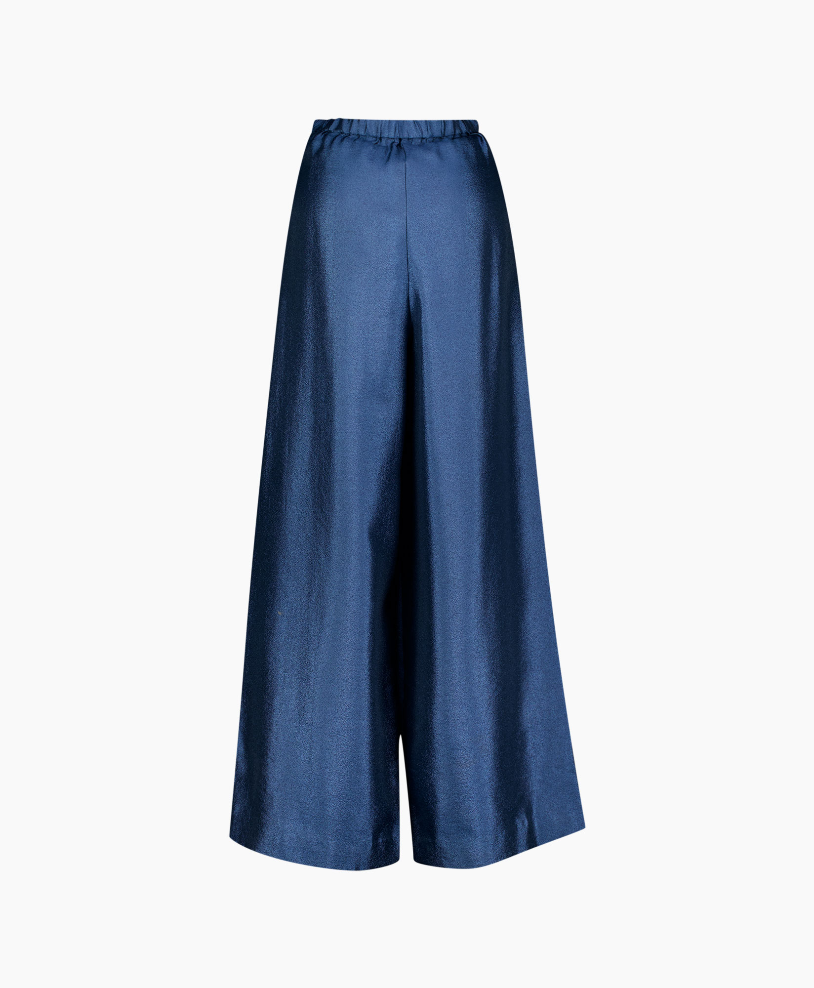 wijdelange broek, palazzo broek, blauwe satin, elastaan, enkellengte