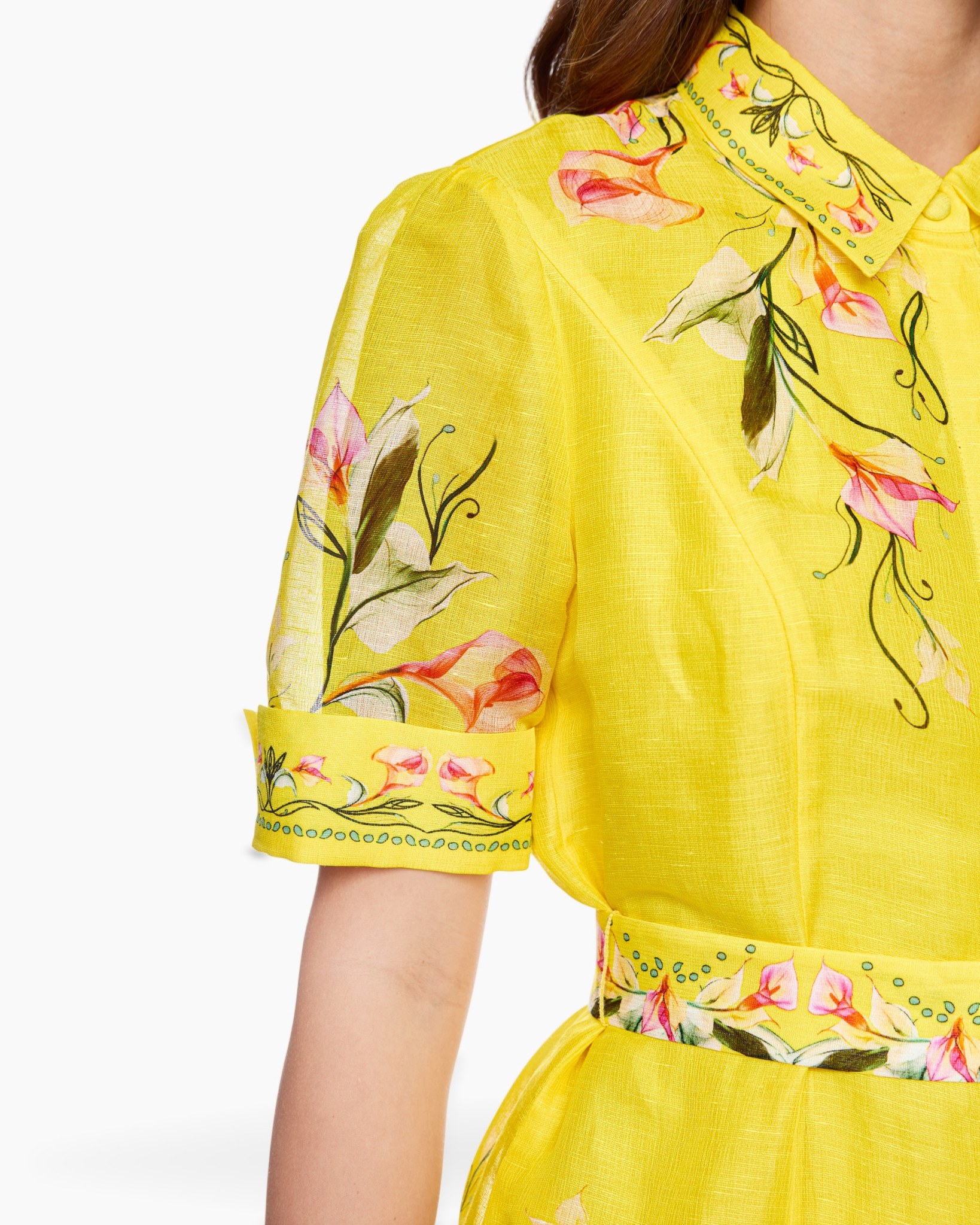 geel, bloemig, jurk, linnen, korte mouw