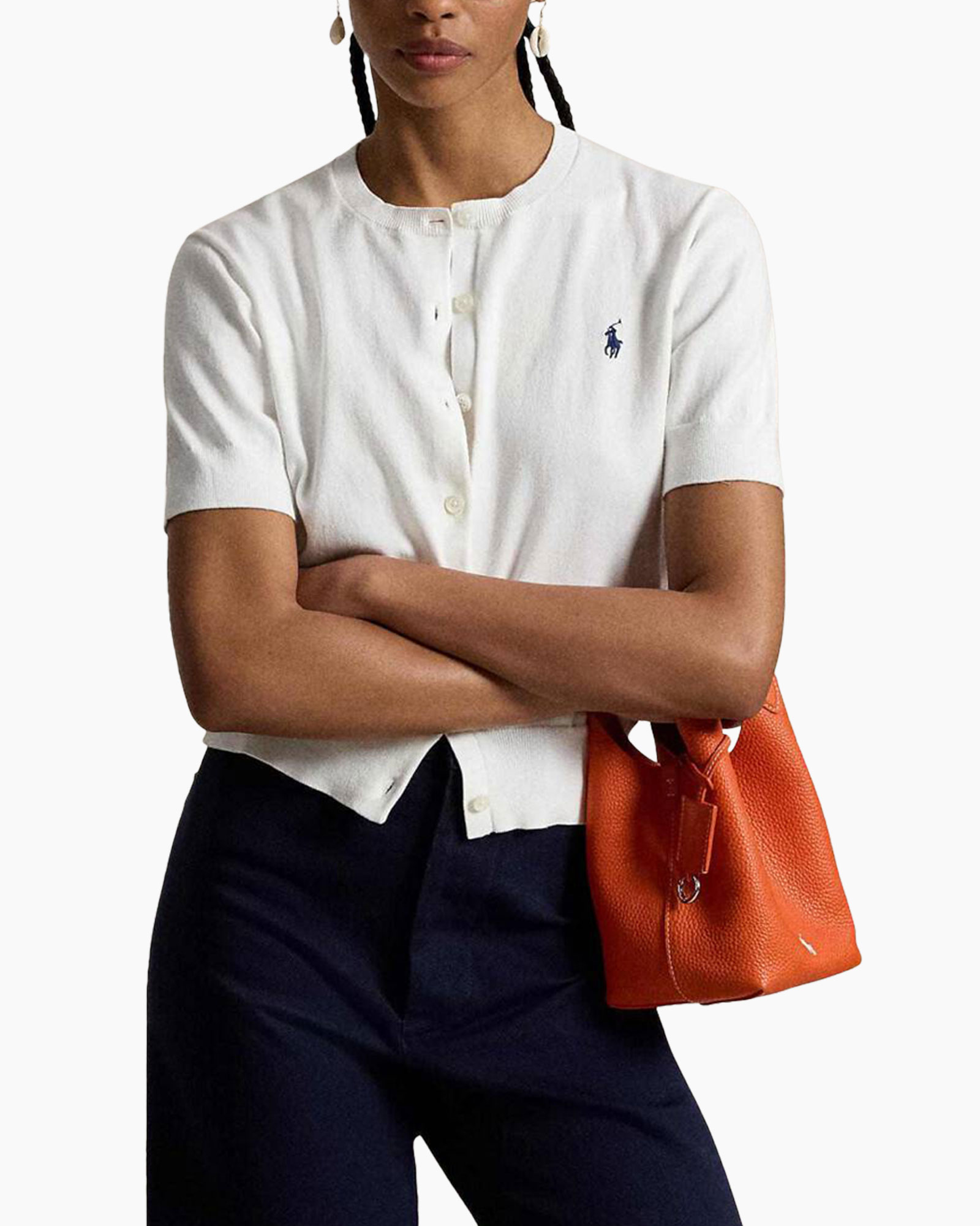 white polo, short sleeve, button front, polo top, embellished logo