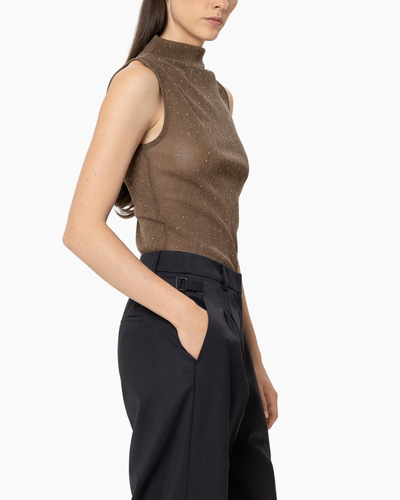 top, zonder mouwen, turtlehals, bruin, glans/ sparkles