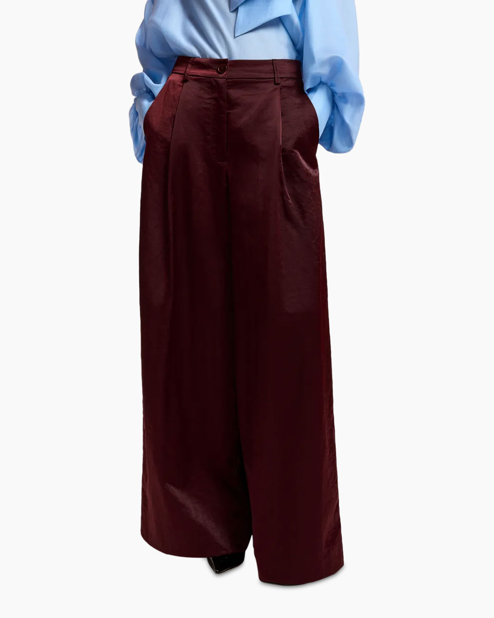 Breedte broek, bordeaux, linnen-achtig, hoog taille, zakken