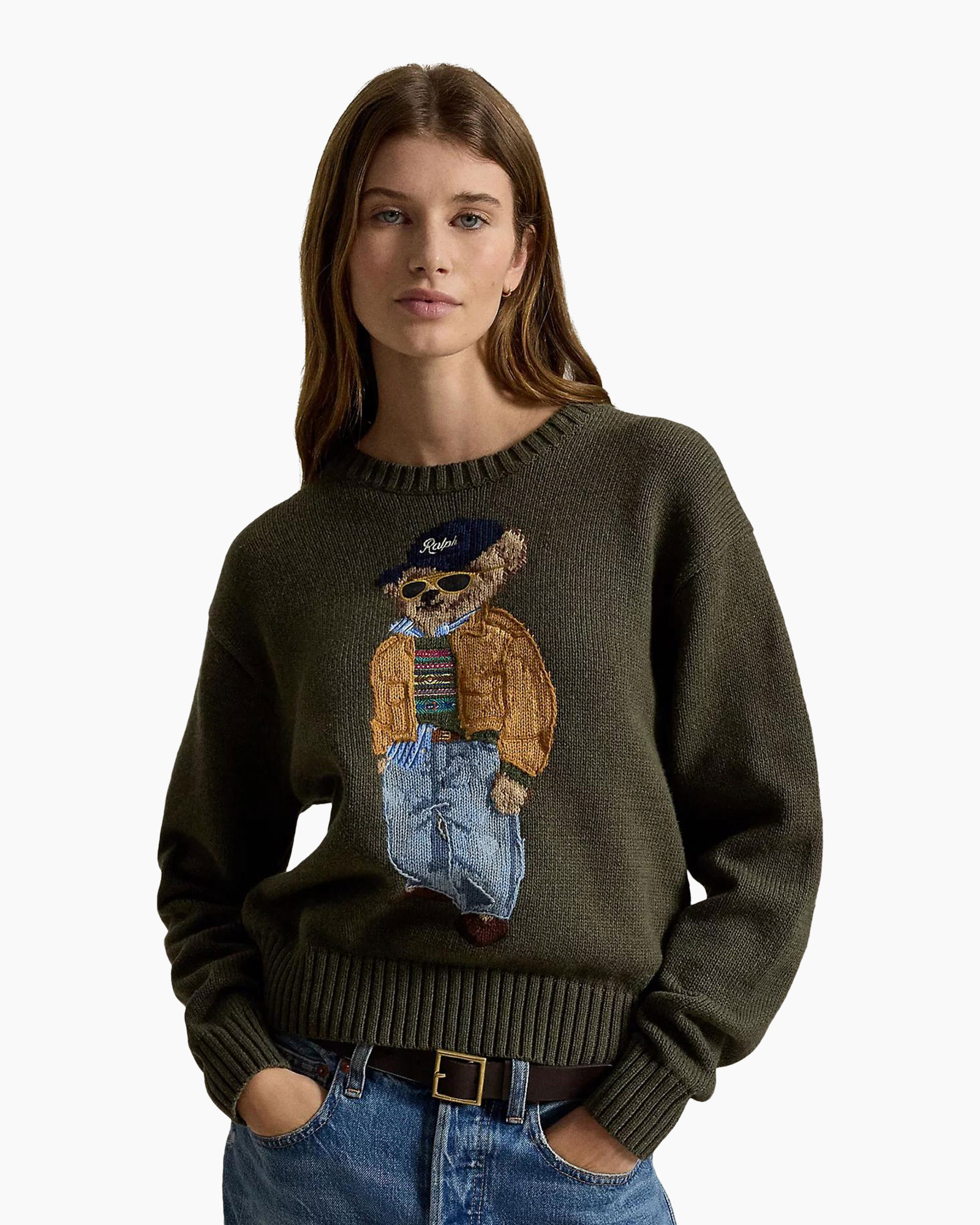 sweater, kleding (breiwerk), olijfgroen, beer afbeelding, pullover