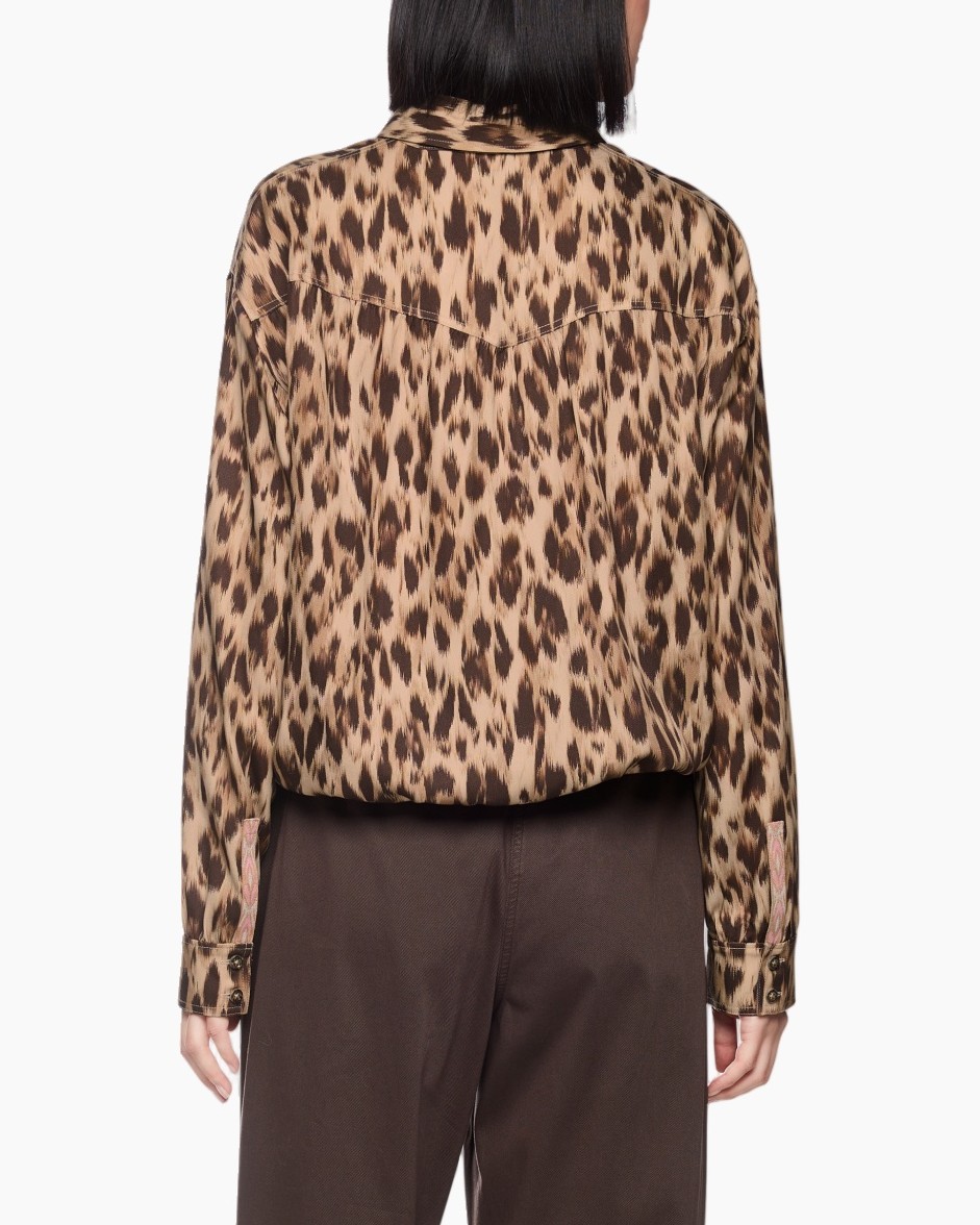 leeuwerprint, blouse, lange mouw, knopen voor, kraag shirt