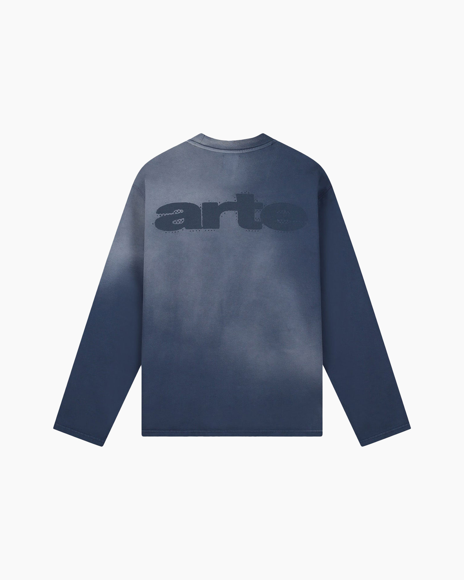 lange mouw, blauw, tie-dye, grafisch, rugafdruk