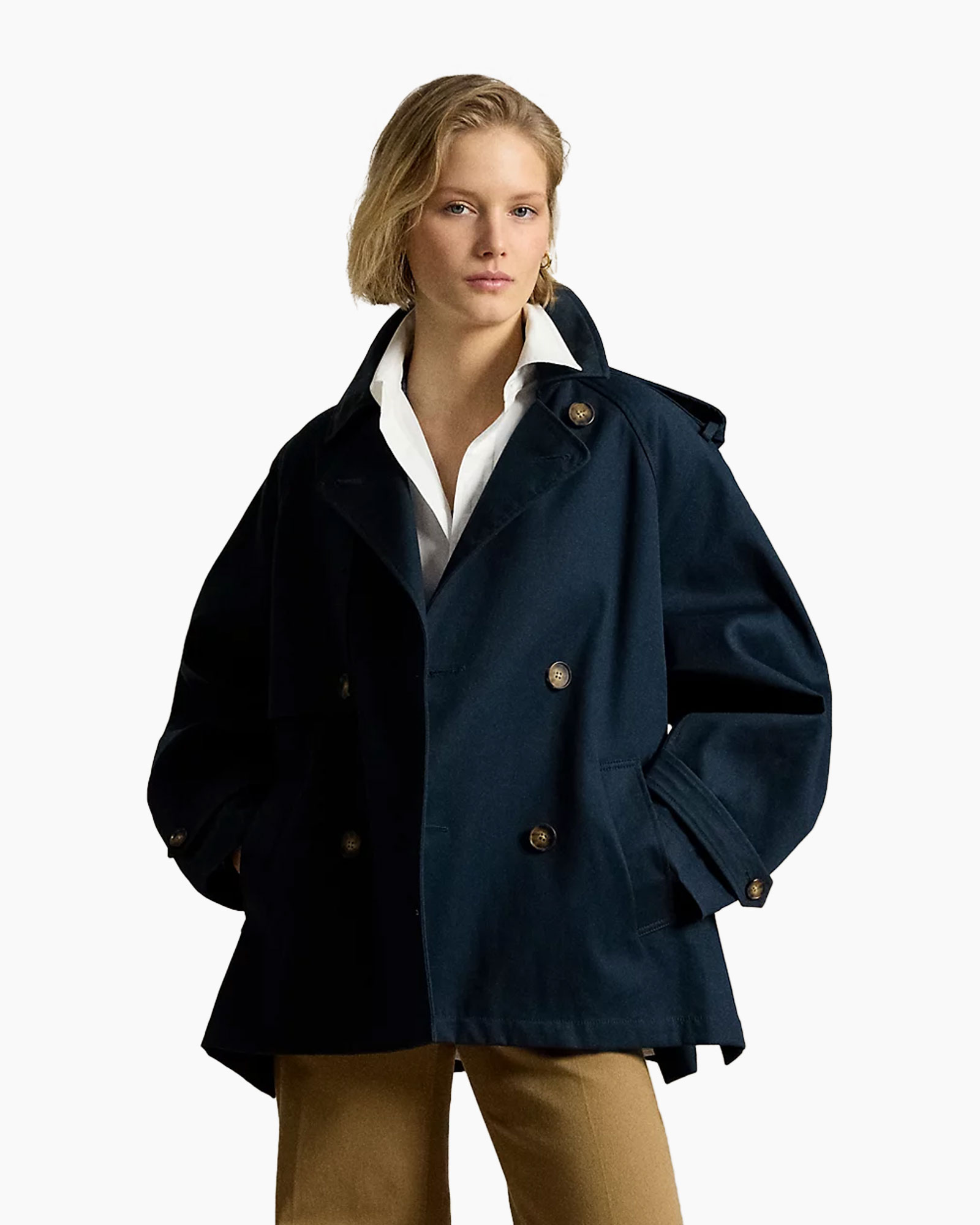 jas, trenchcoat, double-breasted, donkerblauw, lang