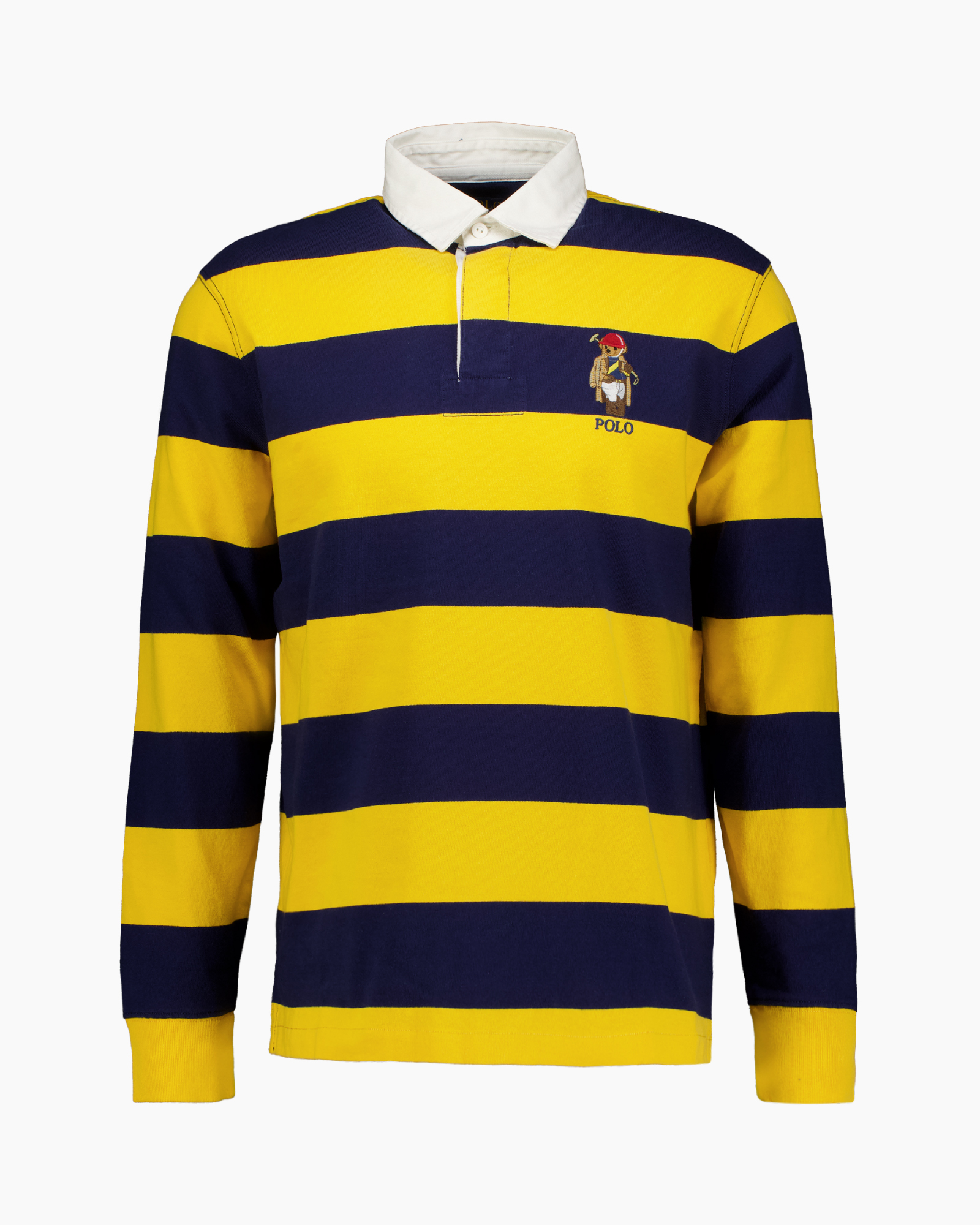 rugby polo, striped polo, longsleeve polo, yellow navy stripes, logo embroidery Polo