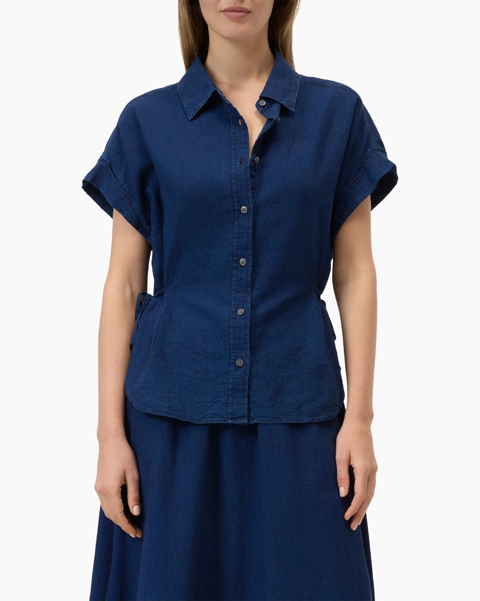 denim, knopen-via, korte mouwen, kraag, top